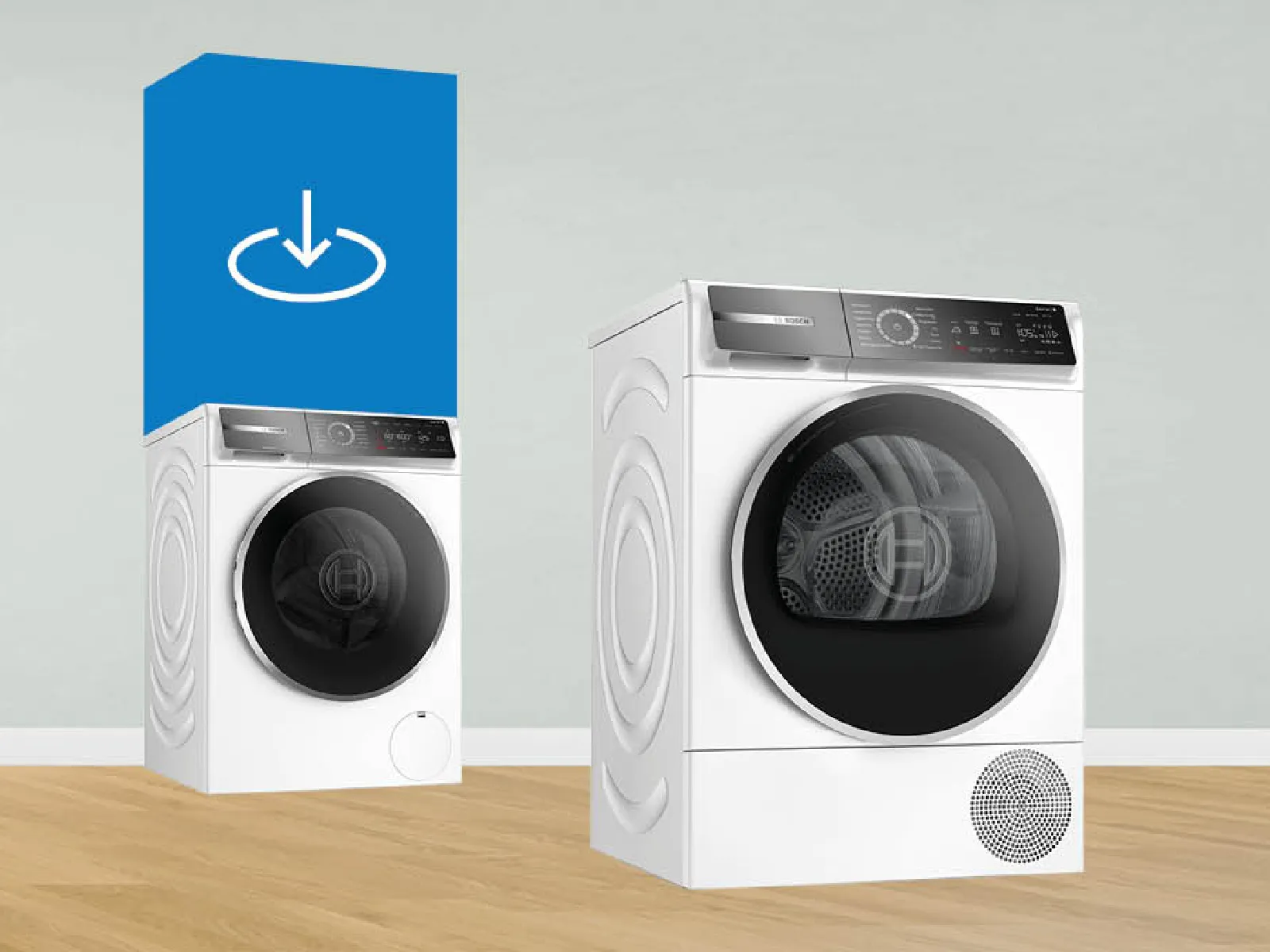 Lave-linge à chargement frontal et sèche-linge assorti monté dessus avec commande numérique, sur un sol en bois clair devant un fond bleu.
