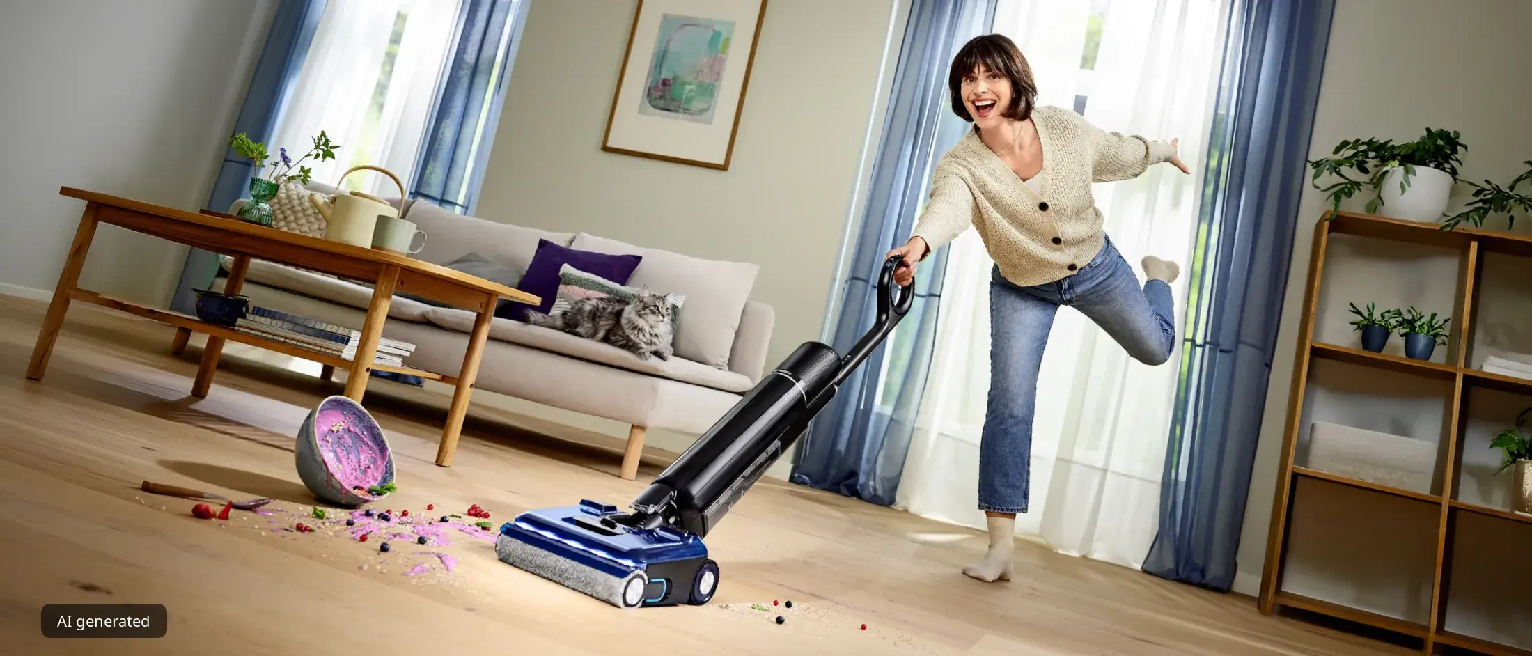 The Bosch Floor Washer Series 4 and Series 6 stand next to each other in a living room, with a plant and a side table besides them.The Bosch Floor Washer Series 4 and Series 6 stand next to each other in a living room, with a plant and a side table besides them.