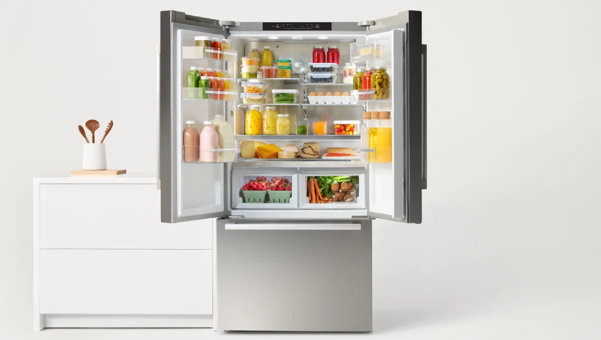 Straight shot of open Bosch fridge and dishwasher