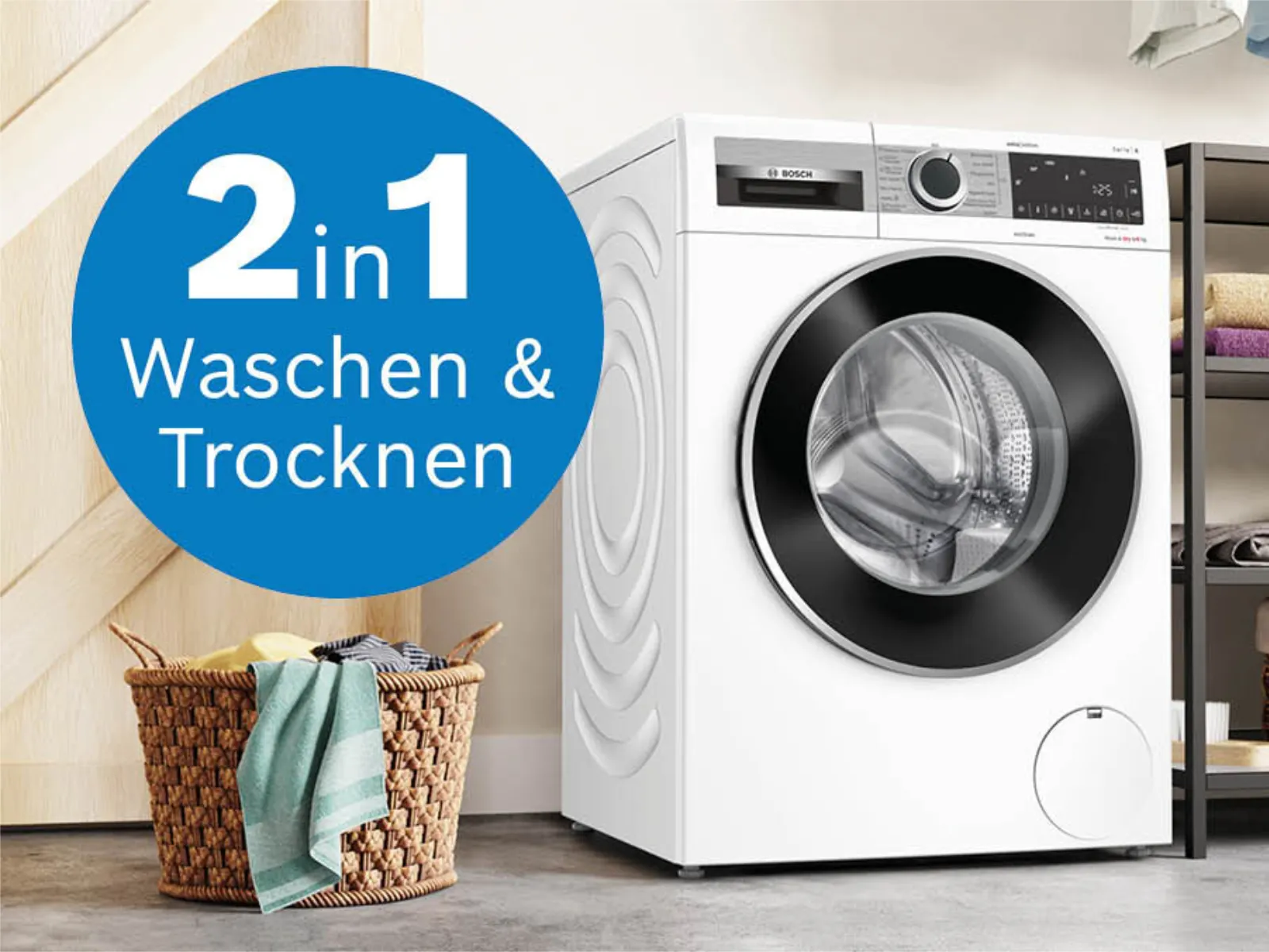 Un lave-linge séchant Bosch est installé dans une buanderie.