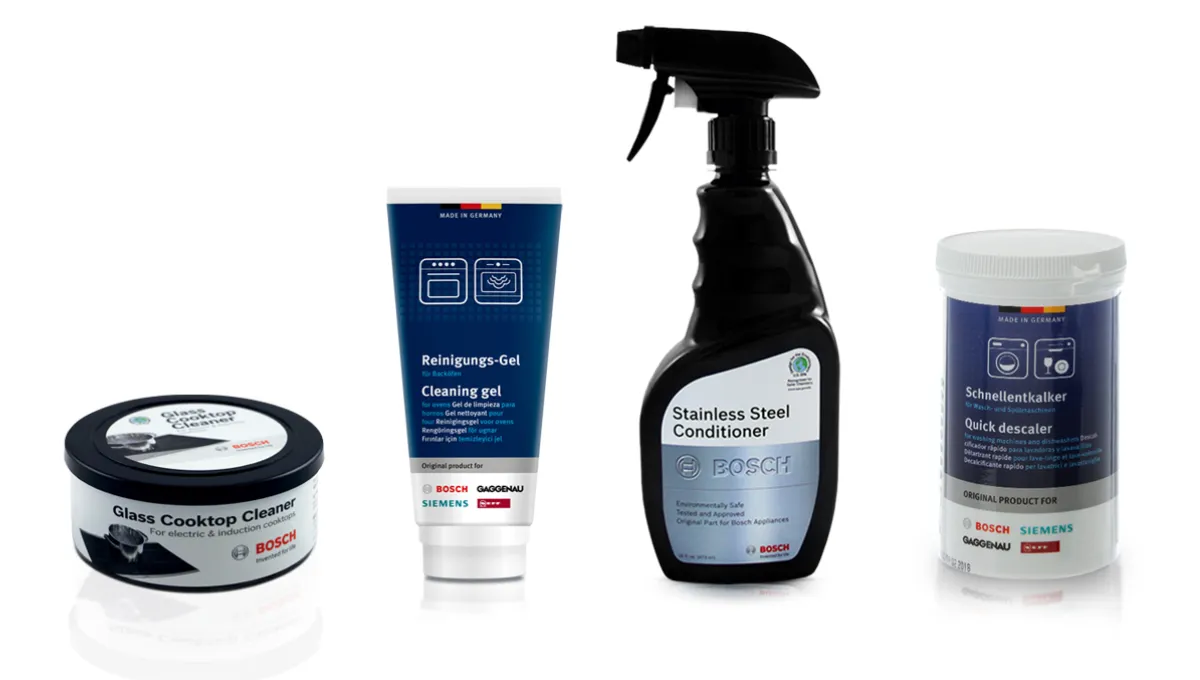 Four Bosch cleaning products are displayed against a white background, including cooking cream, cleaning gel, stainless steel conditioner, and stain remover.