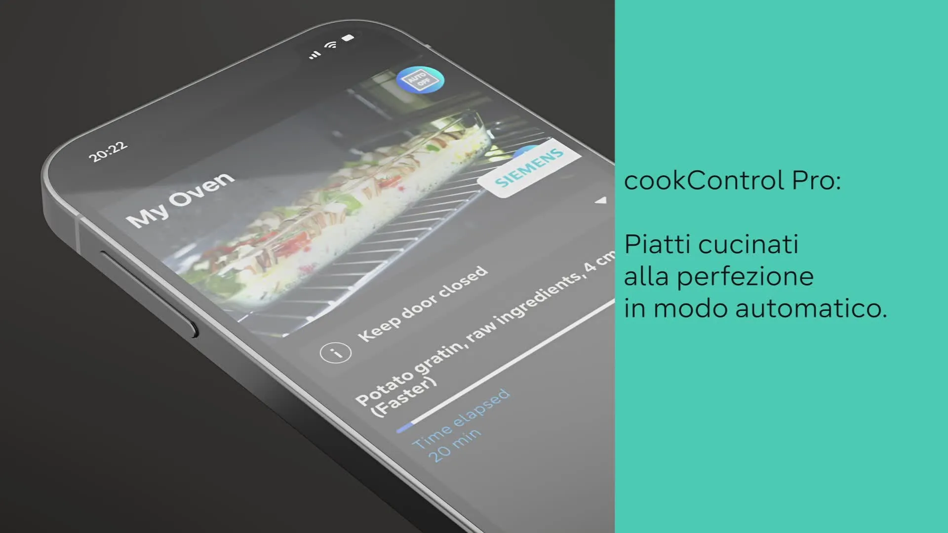 Display digitale di un forno con interfaccia utente e testo 'cookControl Pro: Piatti cucinati alla perfezione in modo automatico' su sfondo turchese a destra