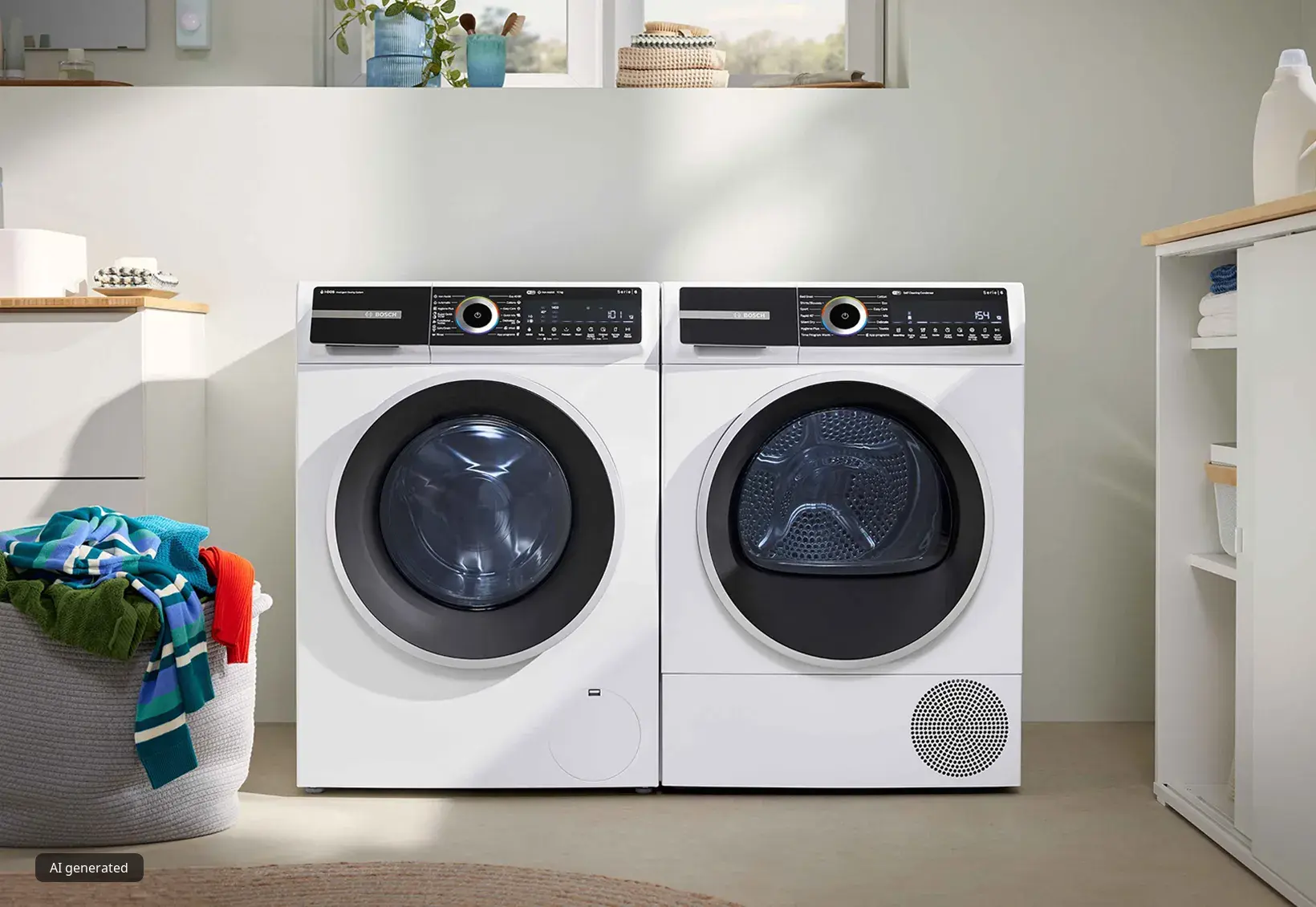 wasmachine en warmtepompdroger naast elkaar in washok met volle wasmand
