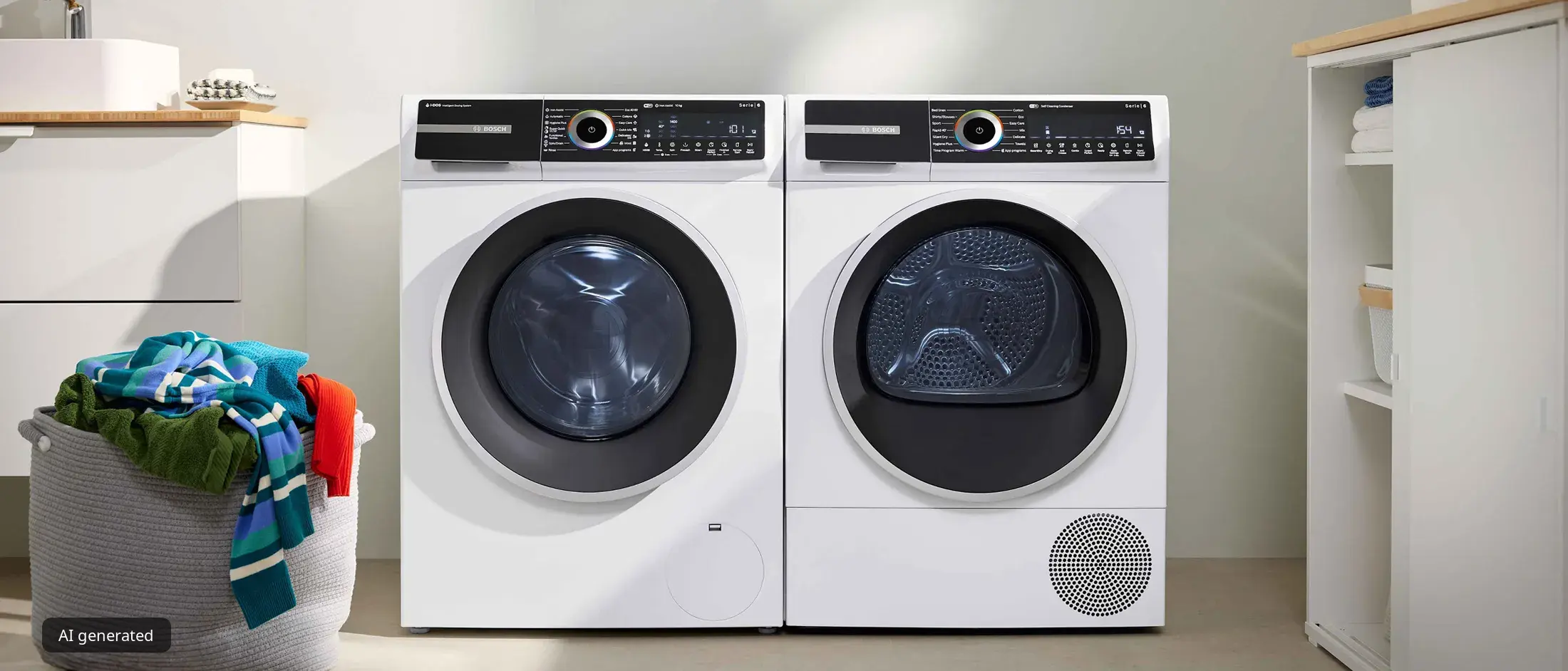 wasmachine en droger naast elkaar met volle wasmand er naast
