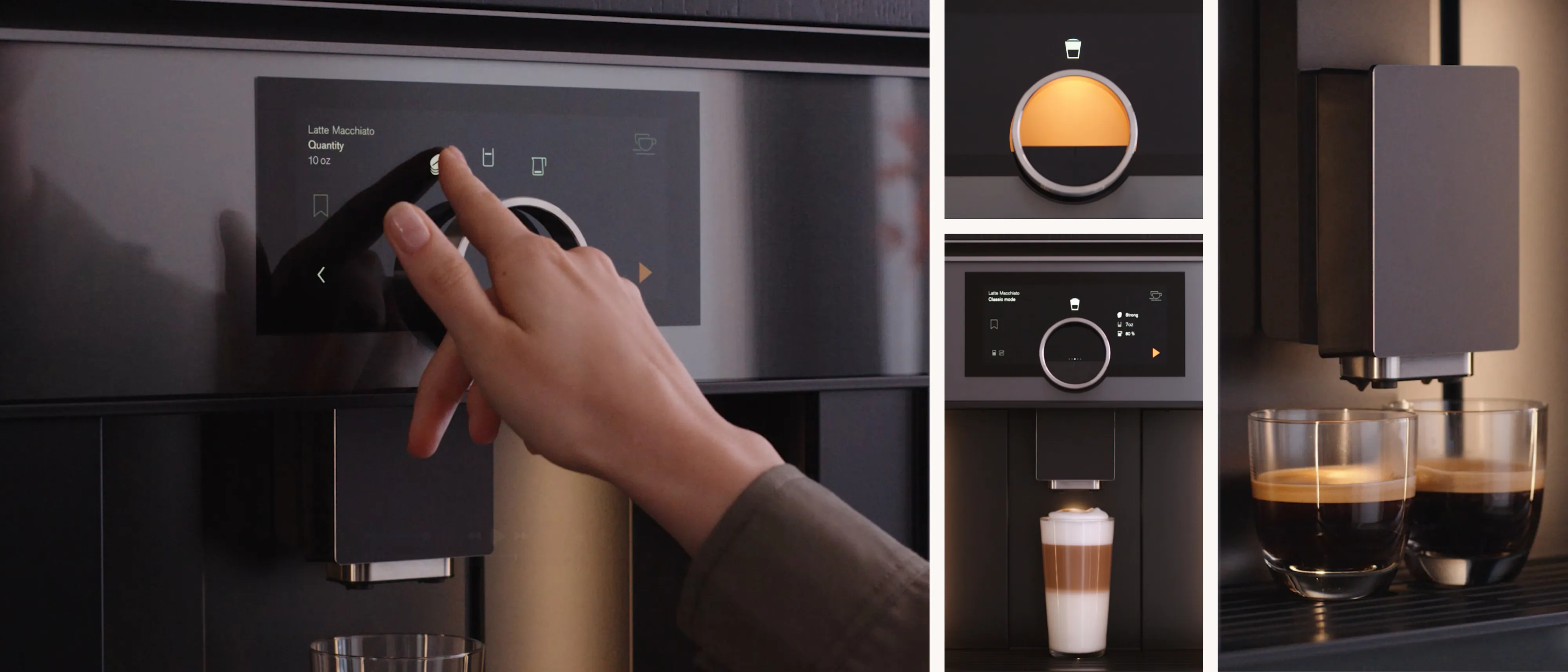 Collage showing a user making various types of coffee beverages with the Gaggenau Expressive series fully automatic espresso machine
