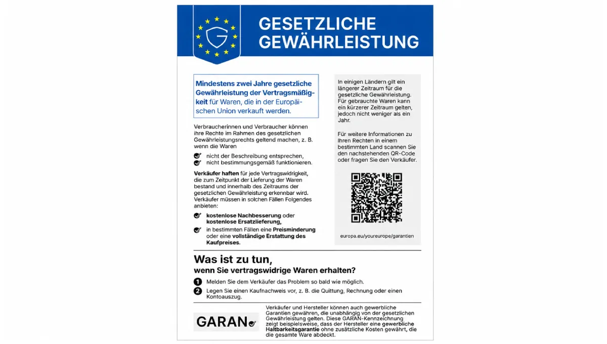 Etikett mit Angaben zu einer zweijährigen gesetzlichen Gewährleistung für in der Europäischen Union verkaufte Waren, mit QR-Code.