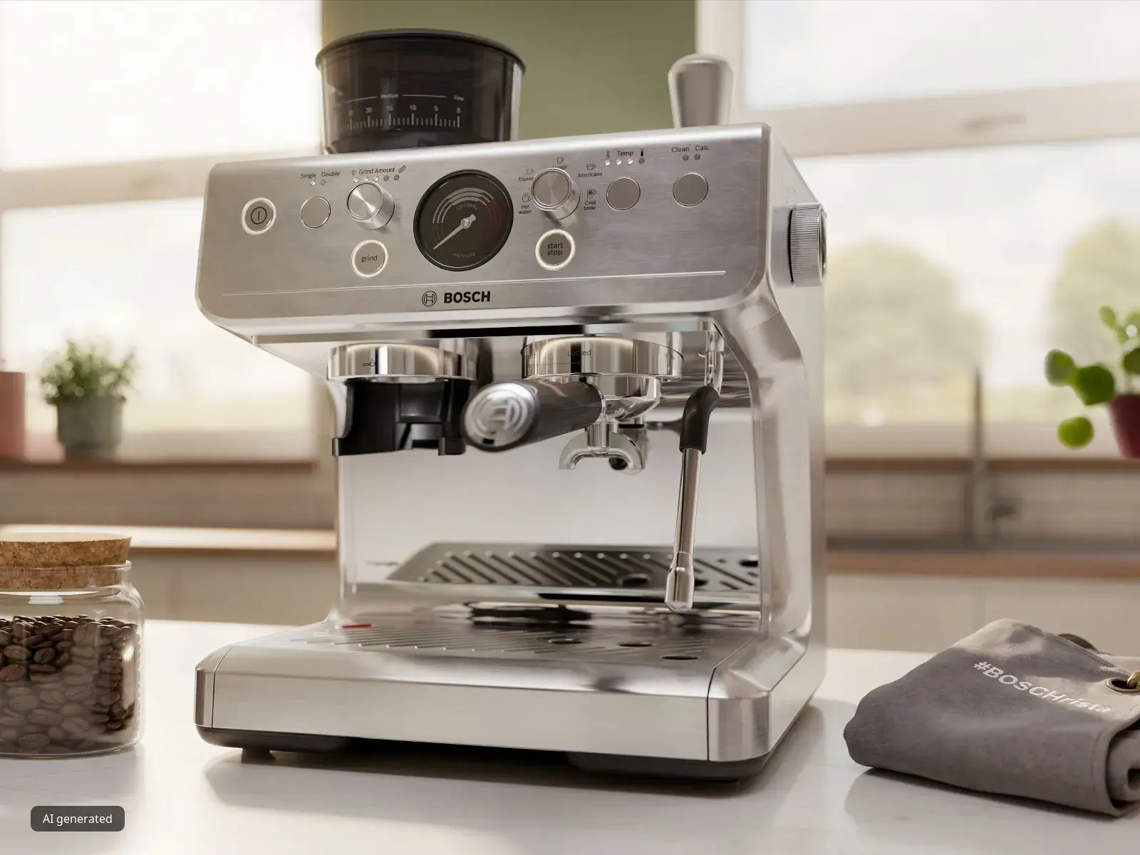 A close-up of a stainless steel Bosch espresso machine on a kitchen counter, next to a jar of coffee beans and a grey cloth embroidered with "#BoschChrista".