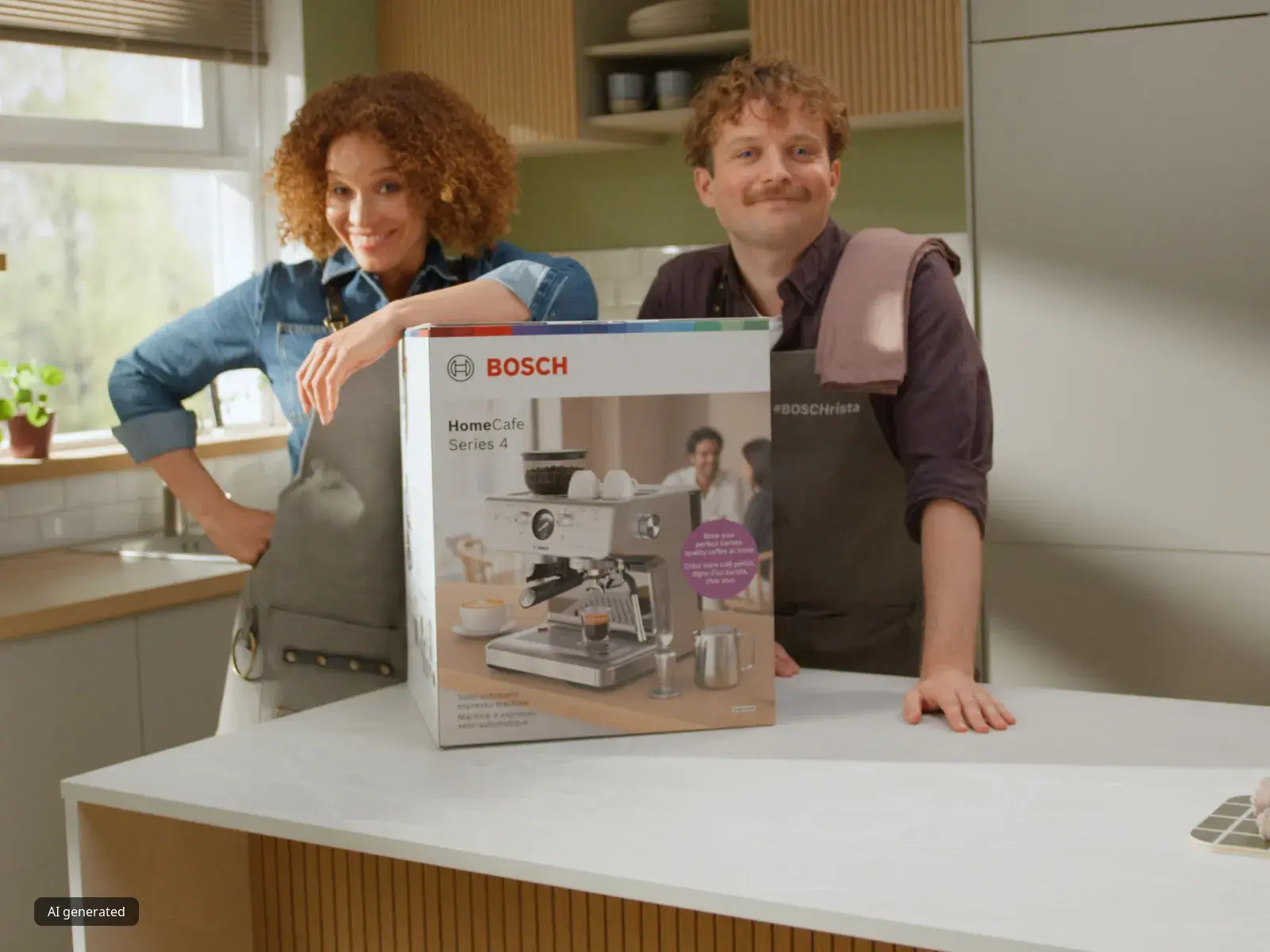 A smiling man and woman wearing aprons stand in a modern kitchen behind a box for a new Bosch HomeCafe Series 4 espresso machine, which sits on the countertop in front of them.