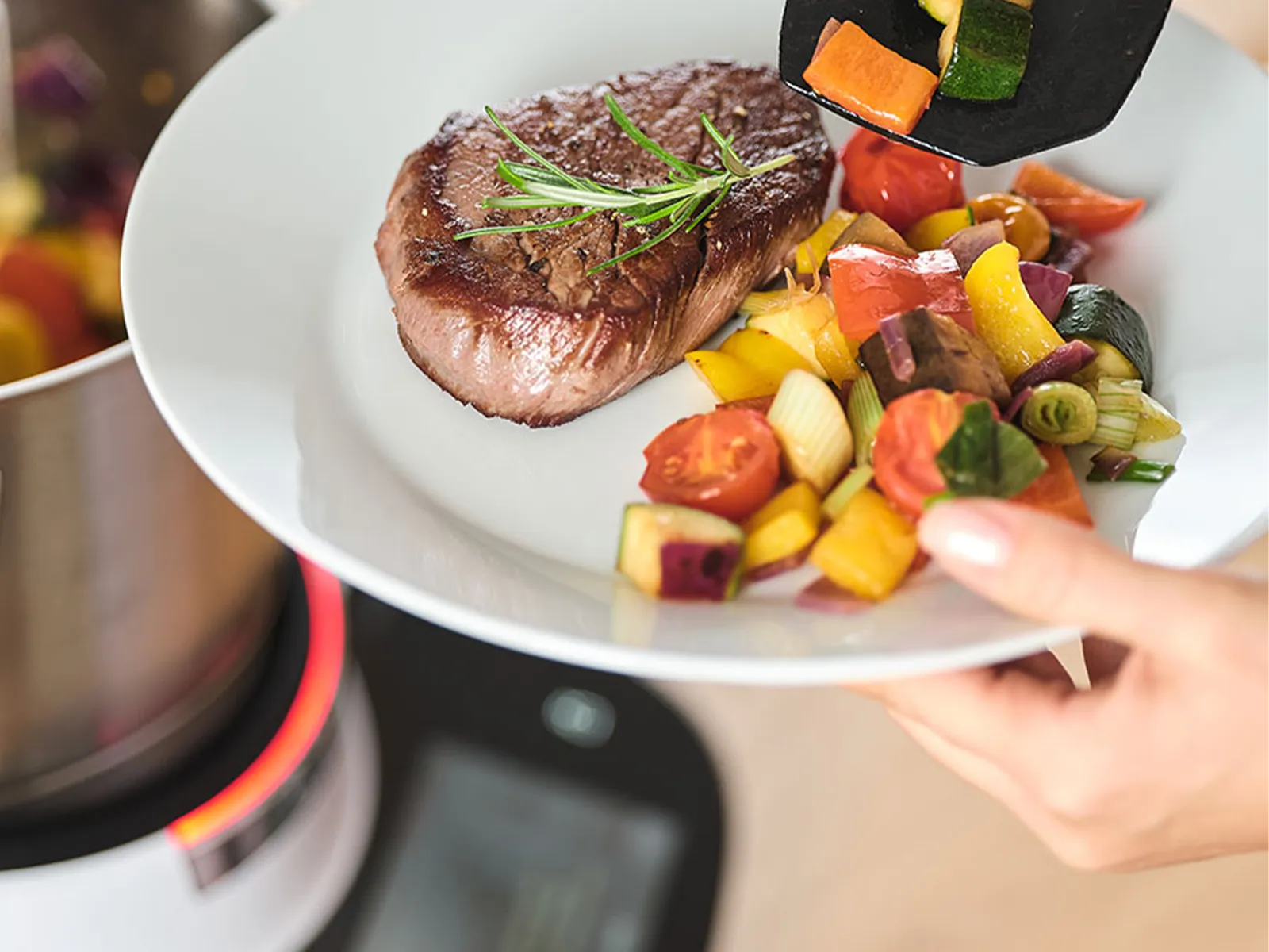Gegrilltes Steak mit geröstetem Gemüse auf einem Teller, serviert mit einem Kochgeschirr.