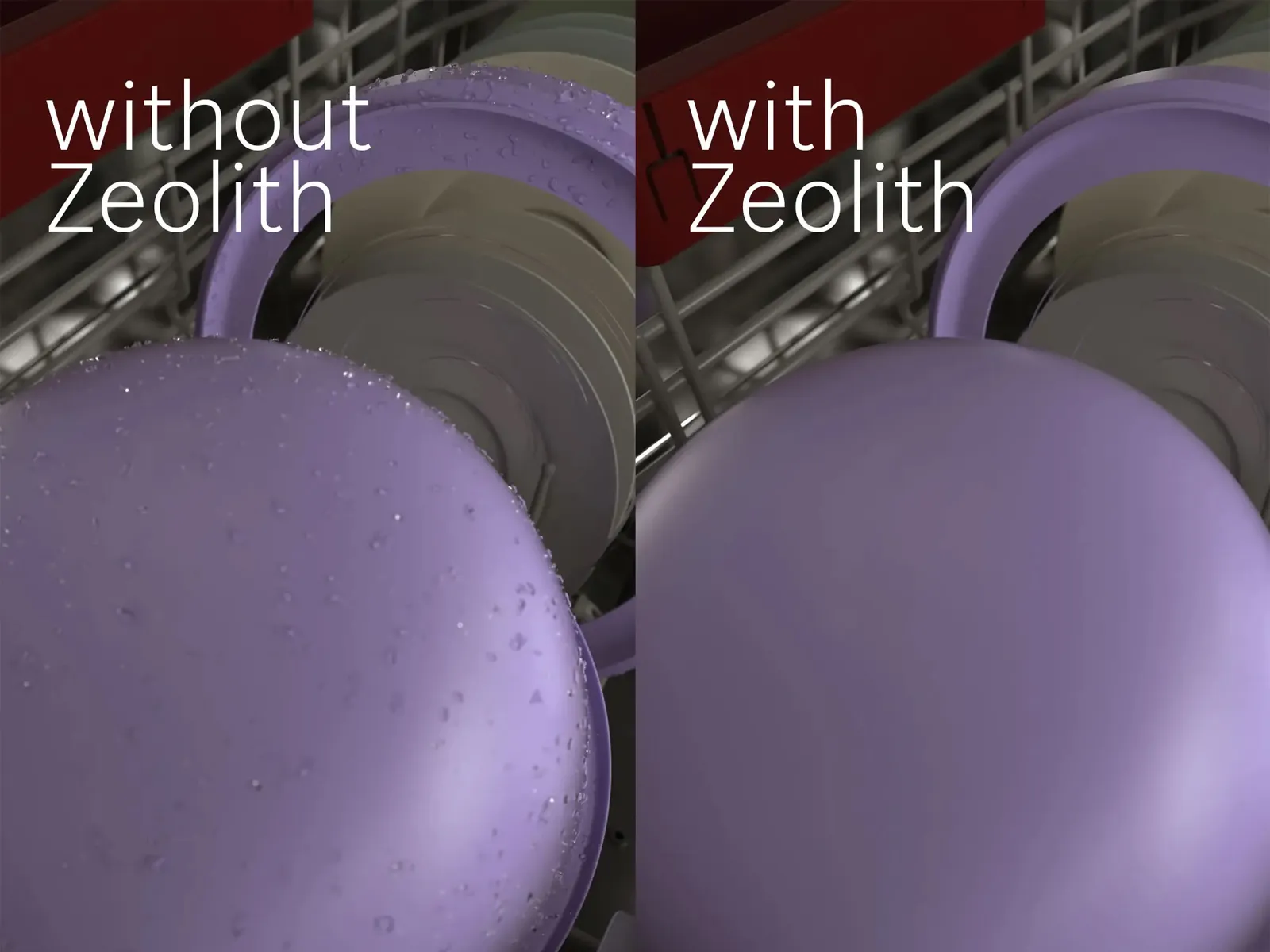 Ein direkter Vergleich zeigt einen violetten Ballon mit Wassertropfen ohne Zeolith® und einen glatten Ballon mit Zeolith.