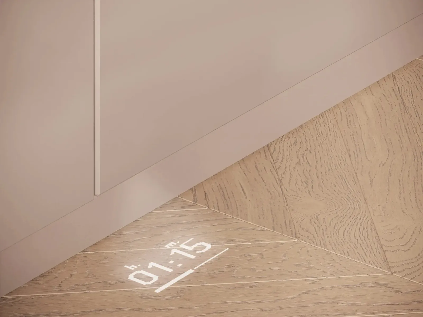 Projektion der Uhrzeit „01:15“ auf einem Holzboden neben einem beigefarbenen Schrank oder einer Wand.