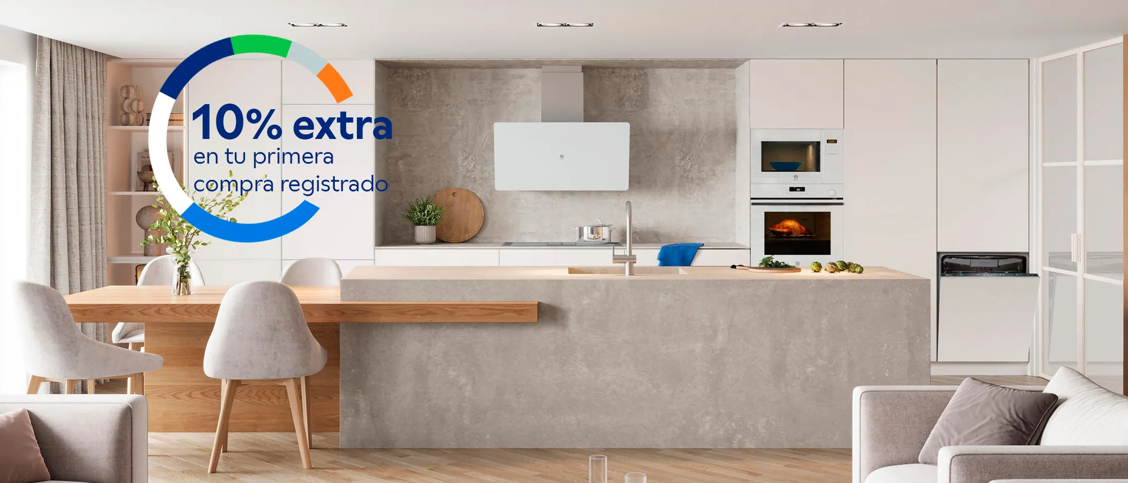 Imagen de cocina blanca con electrodomésticos Balay y texto “10% de descuento por primera compra registrado”