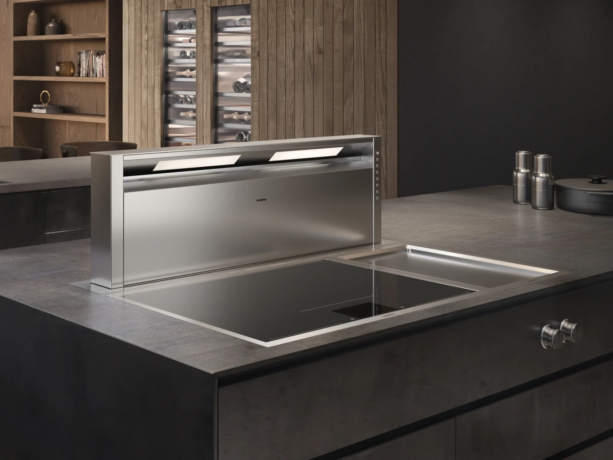 Gaggenau extractor 400 series in a dark modern kitchen