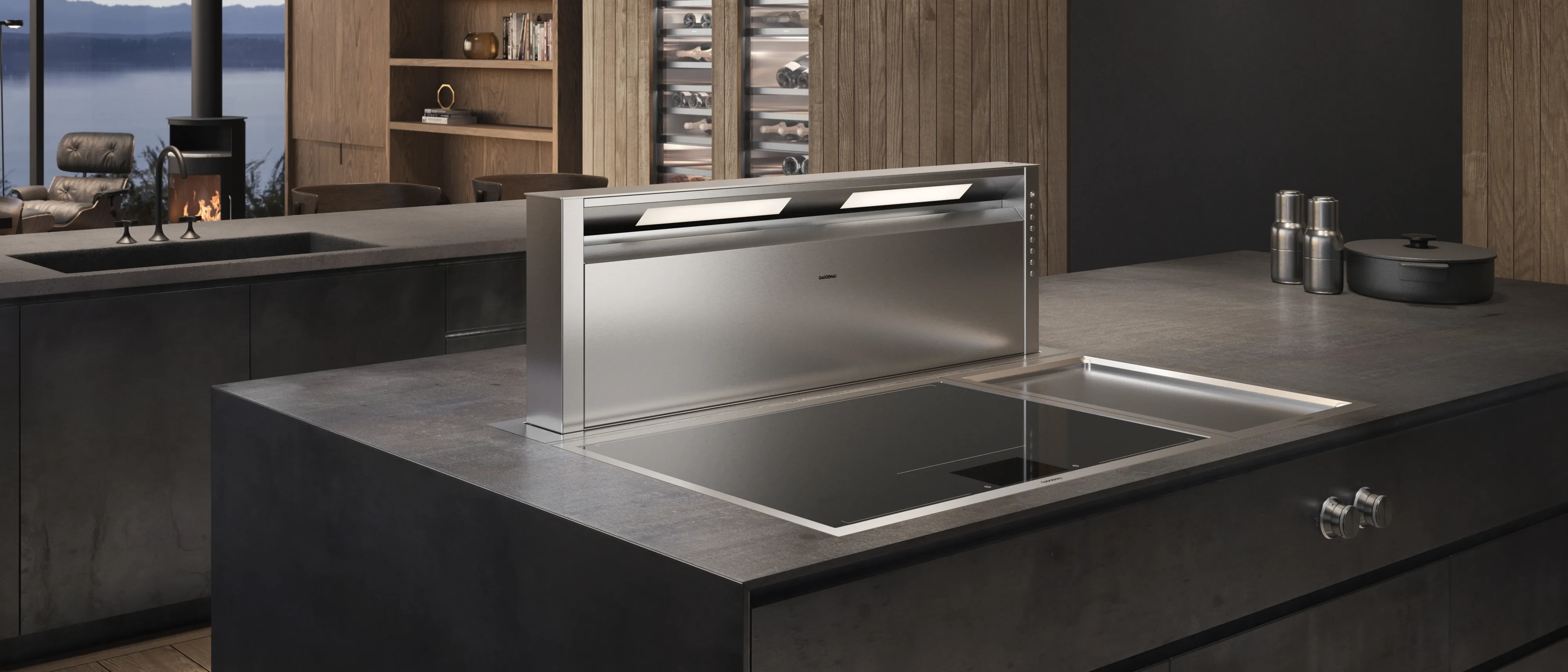Gaggenau 400 series ventilation in a dark modern kitchen