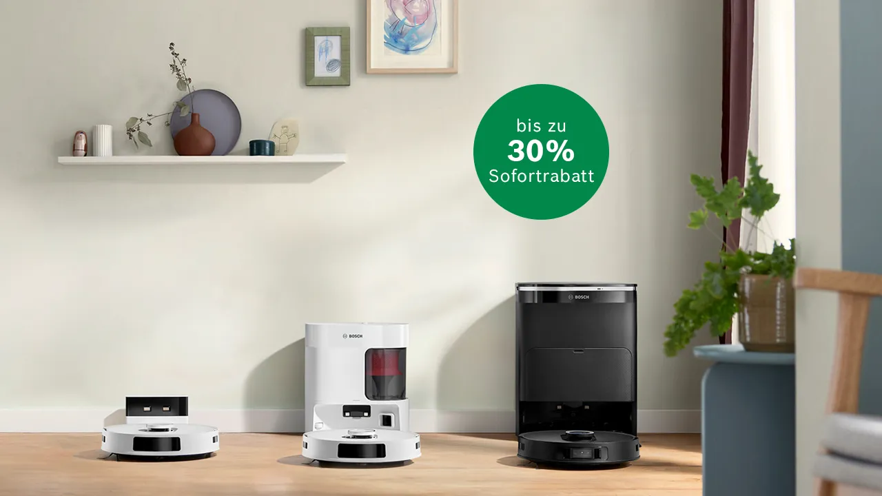 Saugroboter Bosch Spotless in Wohnzimmer mit Hinweis auf 30% Rabatt.