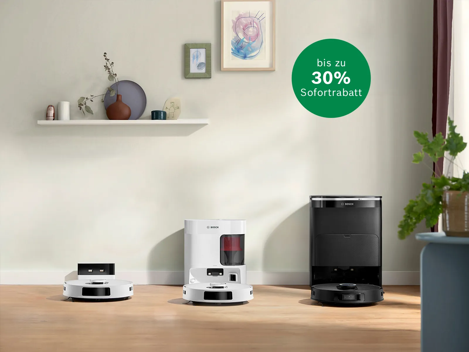 Saugroboter Bosch Spotless in Wohnzimmer mit Hinweis auf 30% Rabatt.