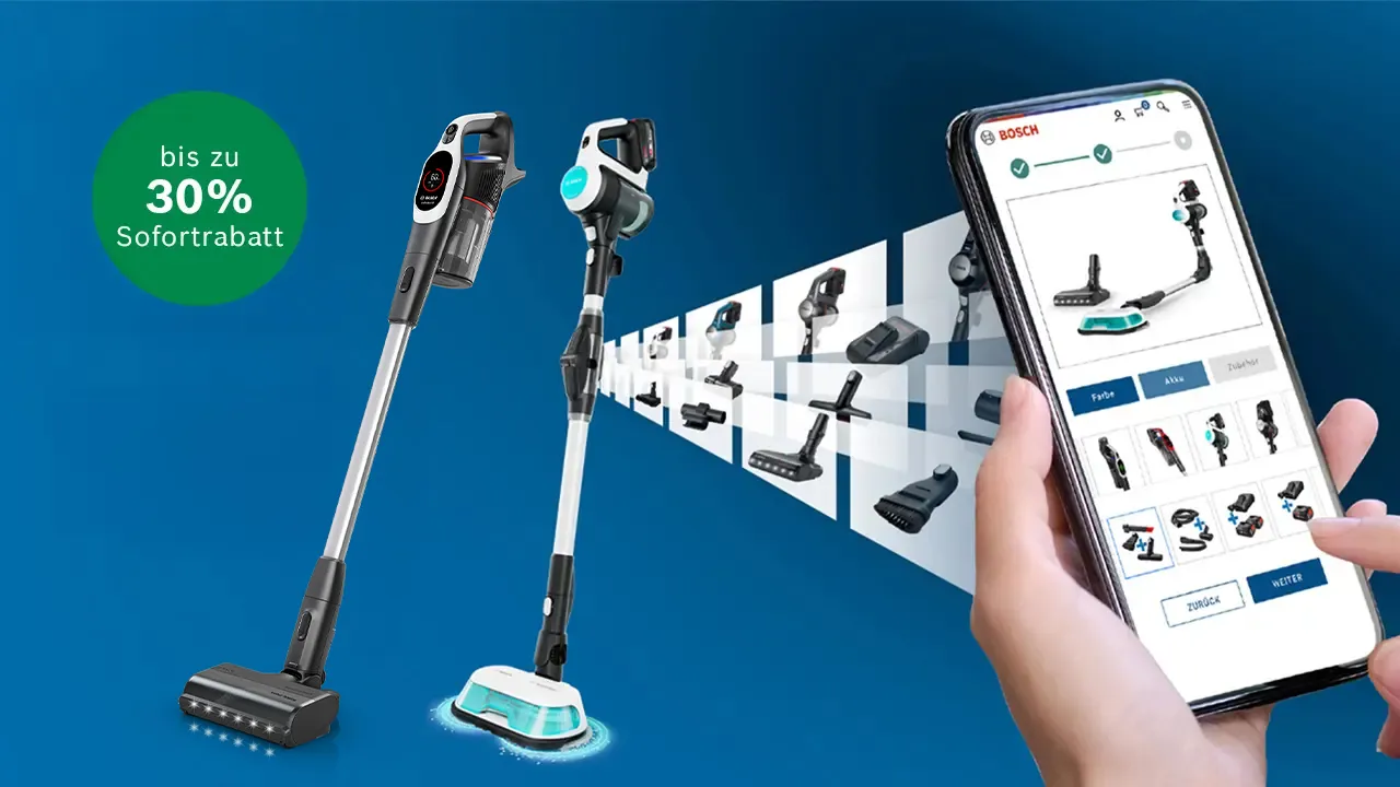 Zwei kabellose Staubsauger von Bosch mit Zubehör und eine Hand, die ein Smartphone mit einer Bosch-Produkt-Shopping-App hält.
