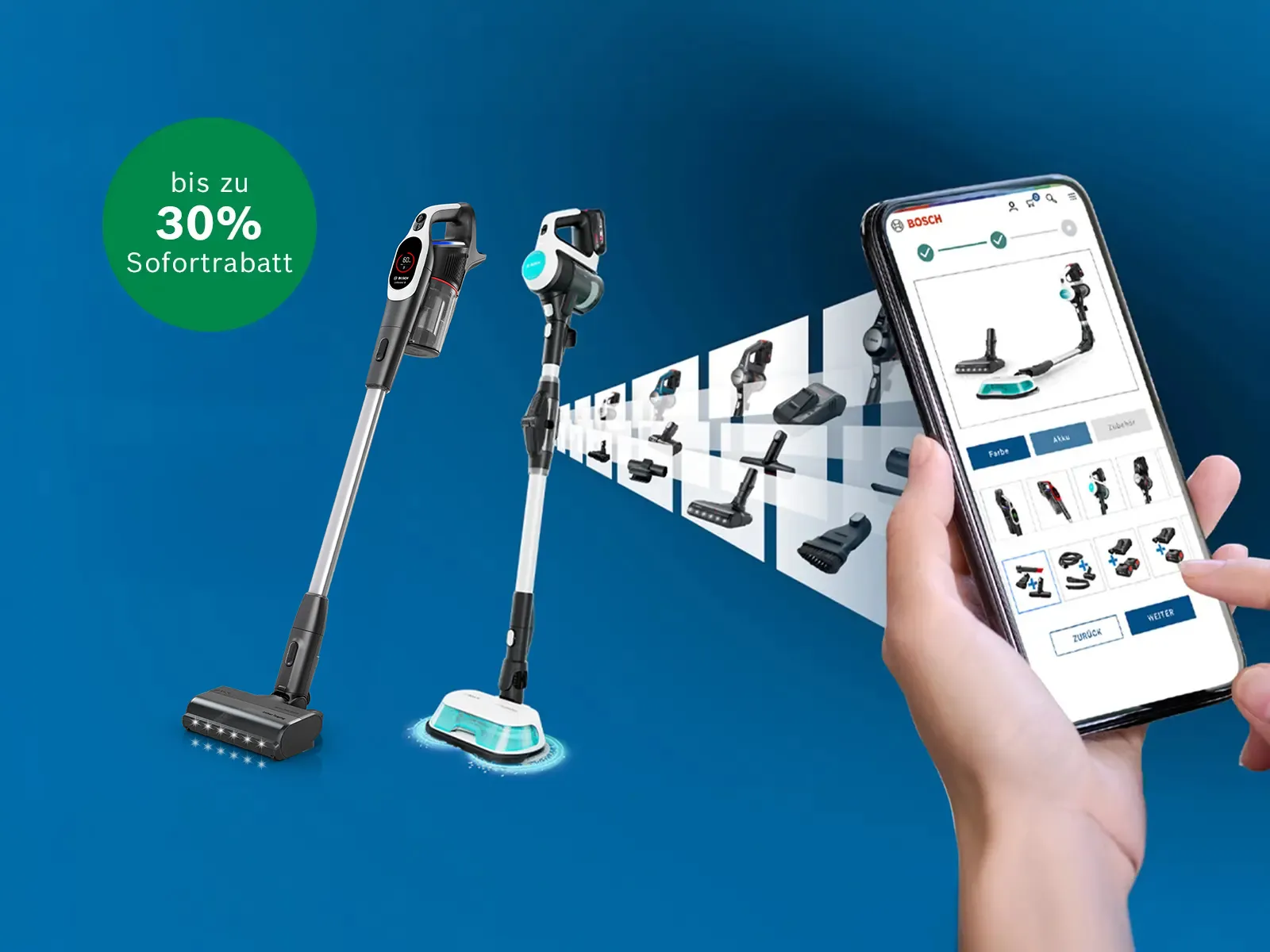 Zwei kabellose Staubsauger von Bosch mit Zubehör und eine Hand, die ein Smartphone mit einer Bosch-Produkt-Shopping-App hält.
