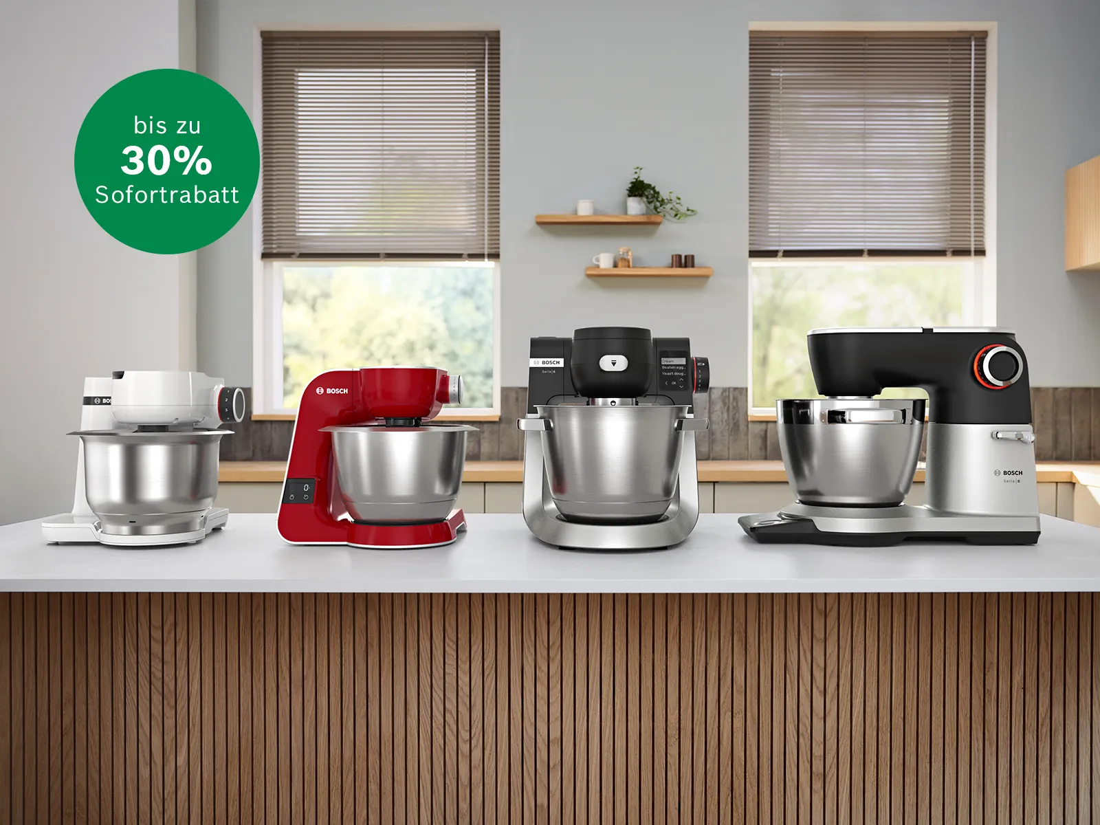 Bosch Küchenmaschinen in einer Küche mit Hinweis auf 30% Rabatt.