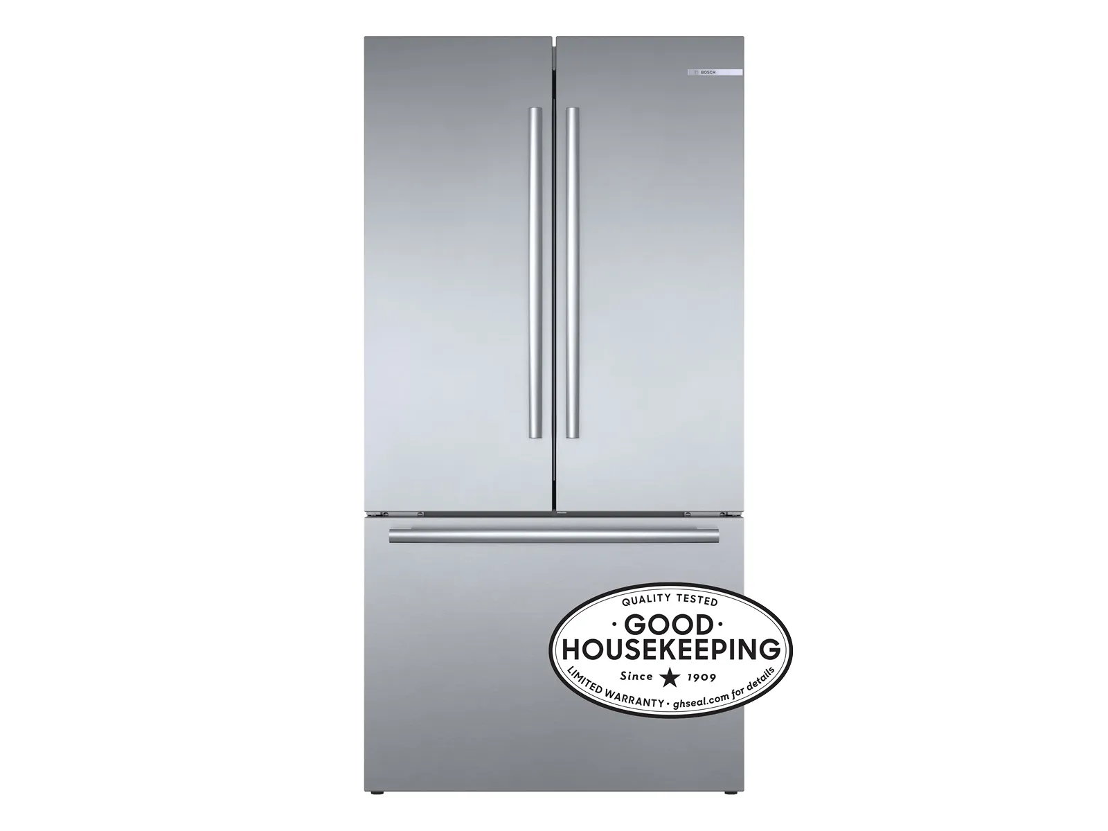 Bosch Stainless steel French door refrigerator with Good Housekeeping seal of approval.