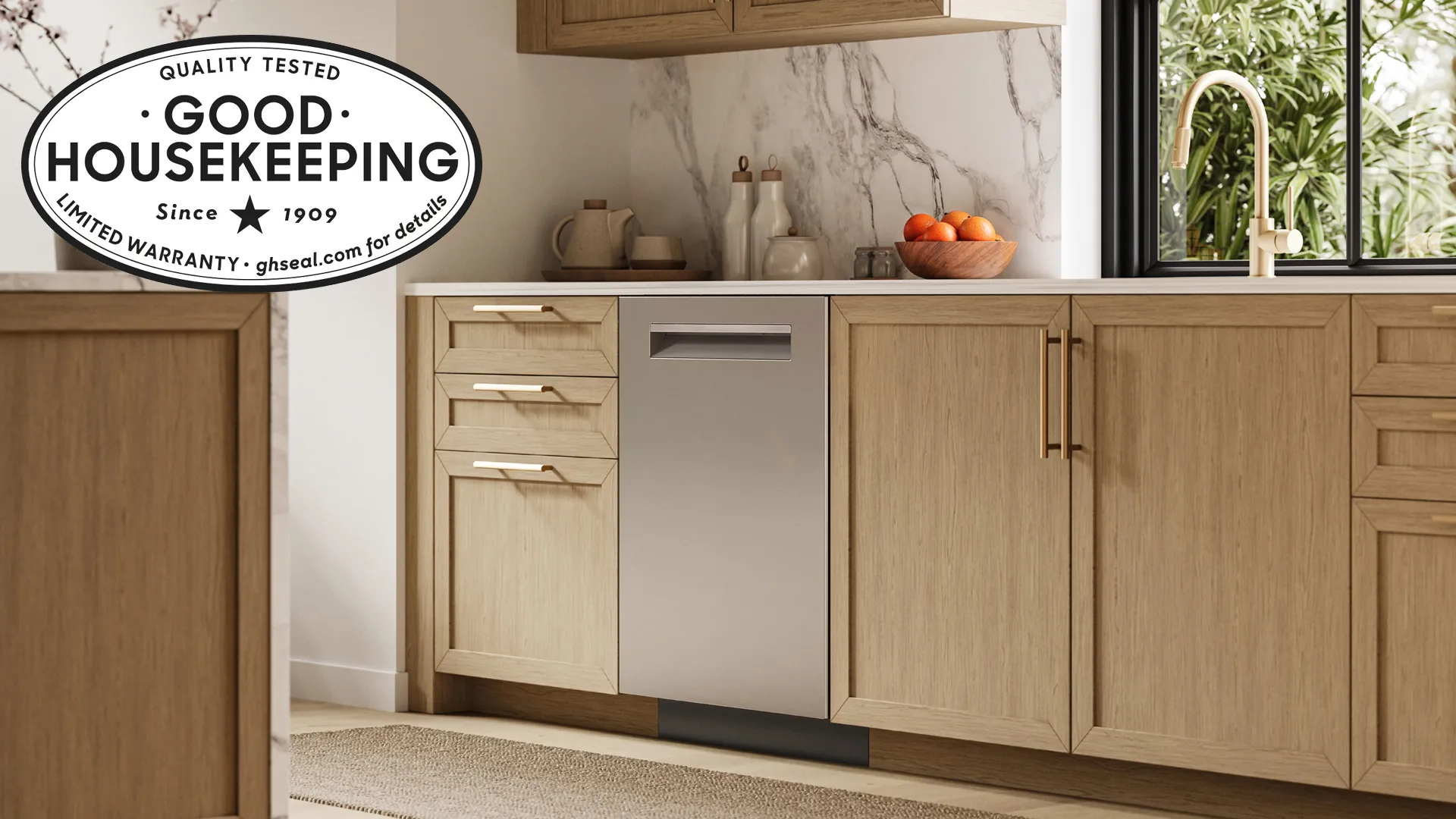 Modern kitchen with integrated Bosch stainless steel dishwasher and Good Housekeeping seal.