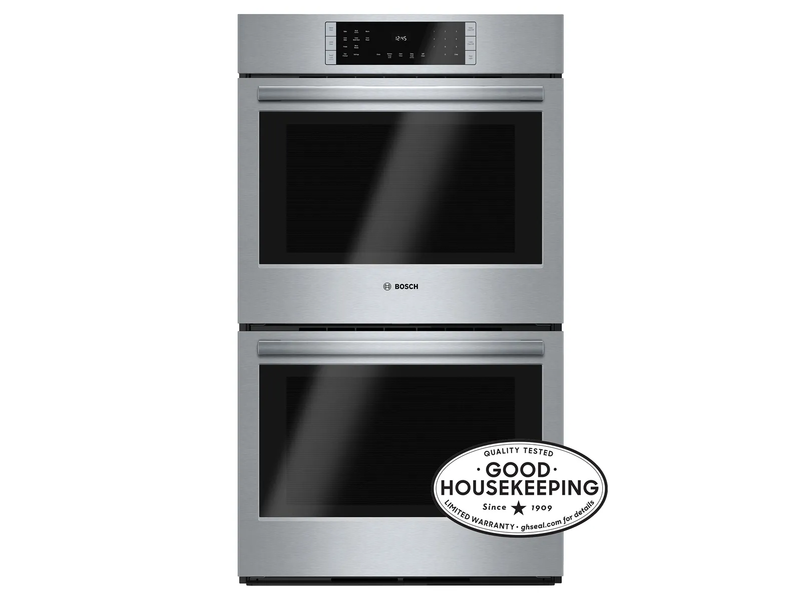 Bosch stainless steel double oven with digital controls and Good Housekeeping seal of approval.