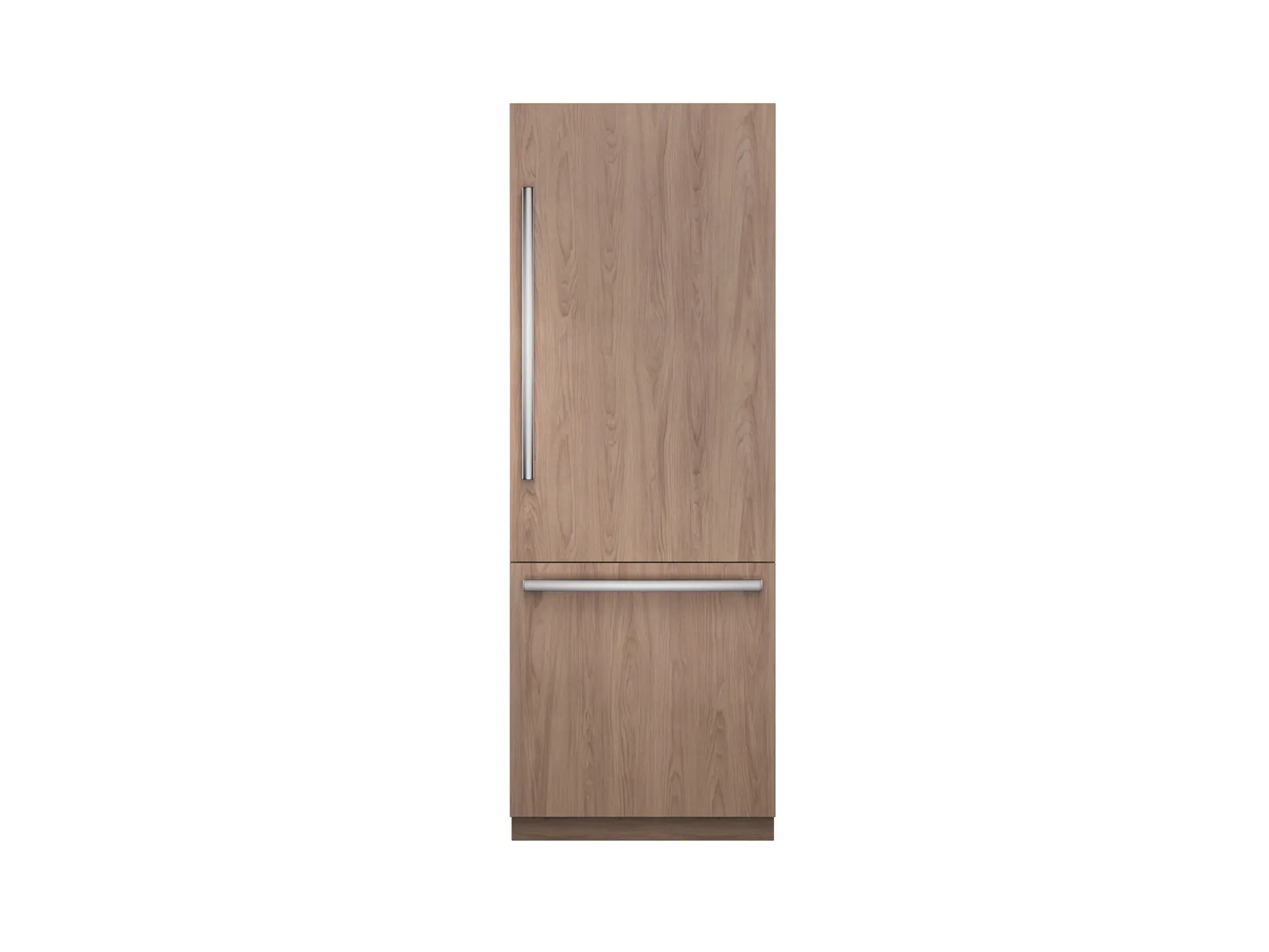 Bosch Wood-panel refrigerator with a bottom freezer and sleek metal handles.