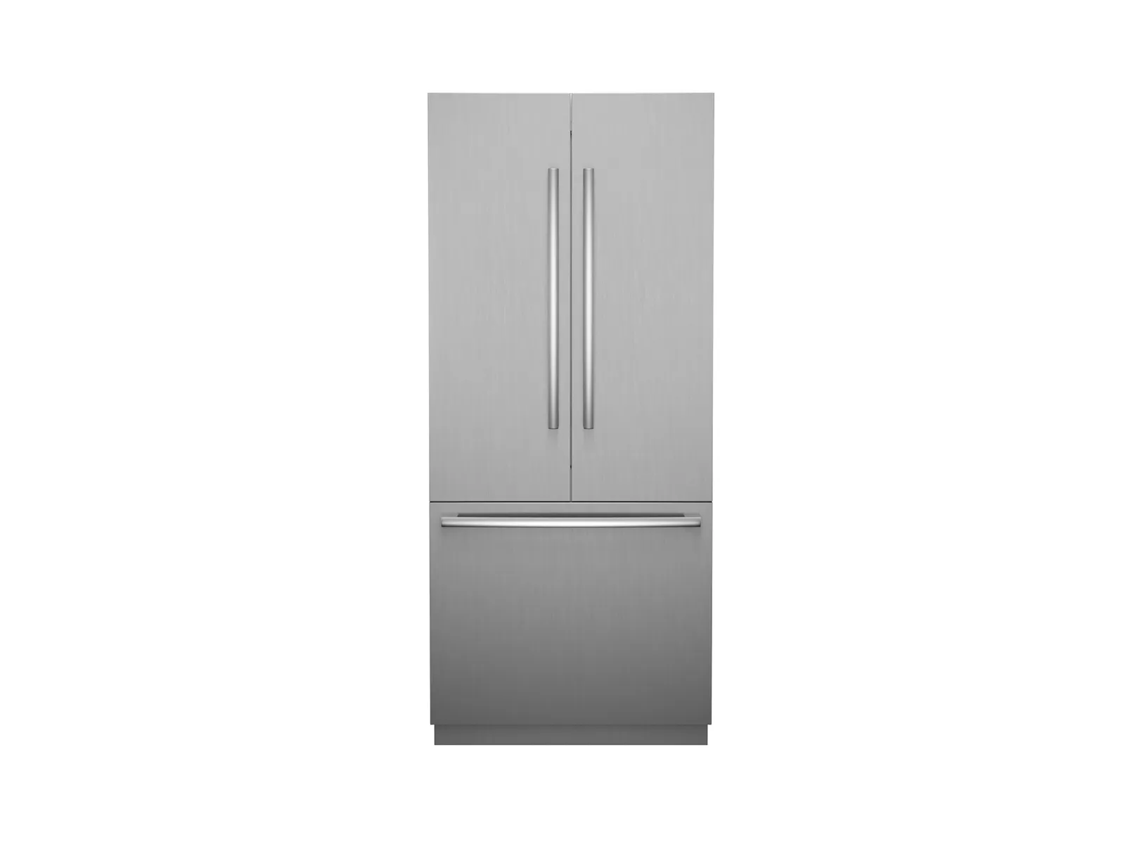 Bosch Stainless steel refrigerator with French doors and a bottom freezer drawer.