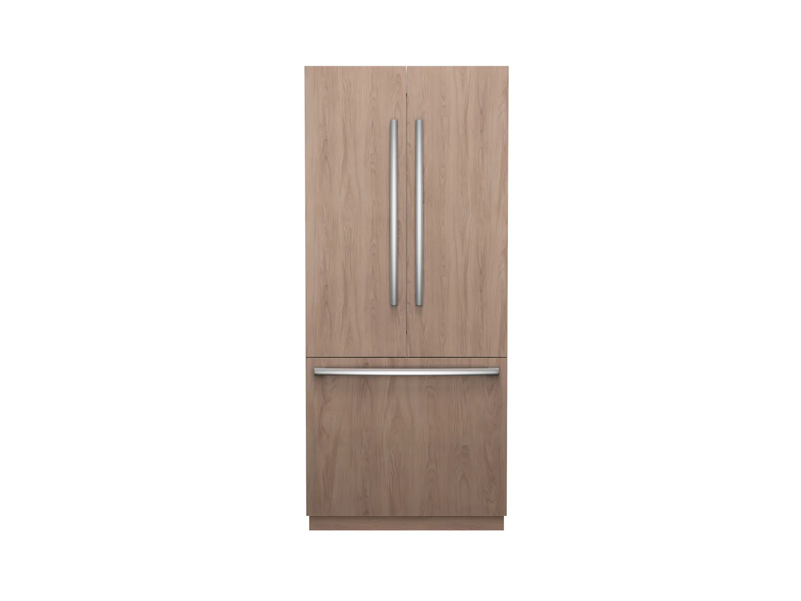 Bosch Wood panel refrigerator with double doors and a bottom freezer drawer with metal handles.