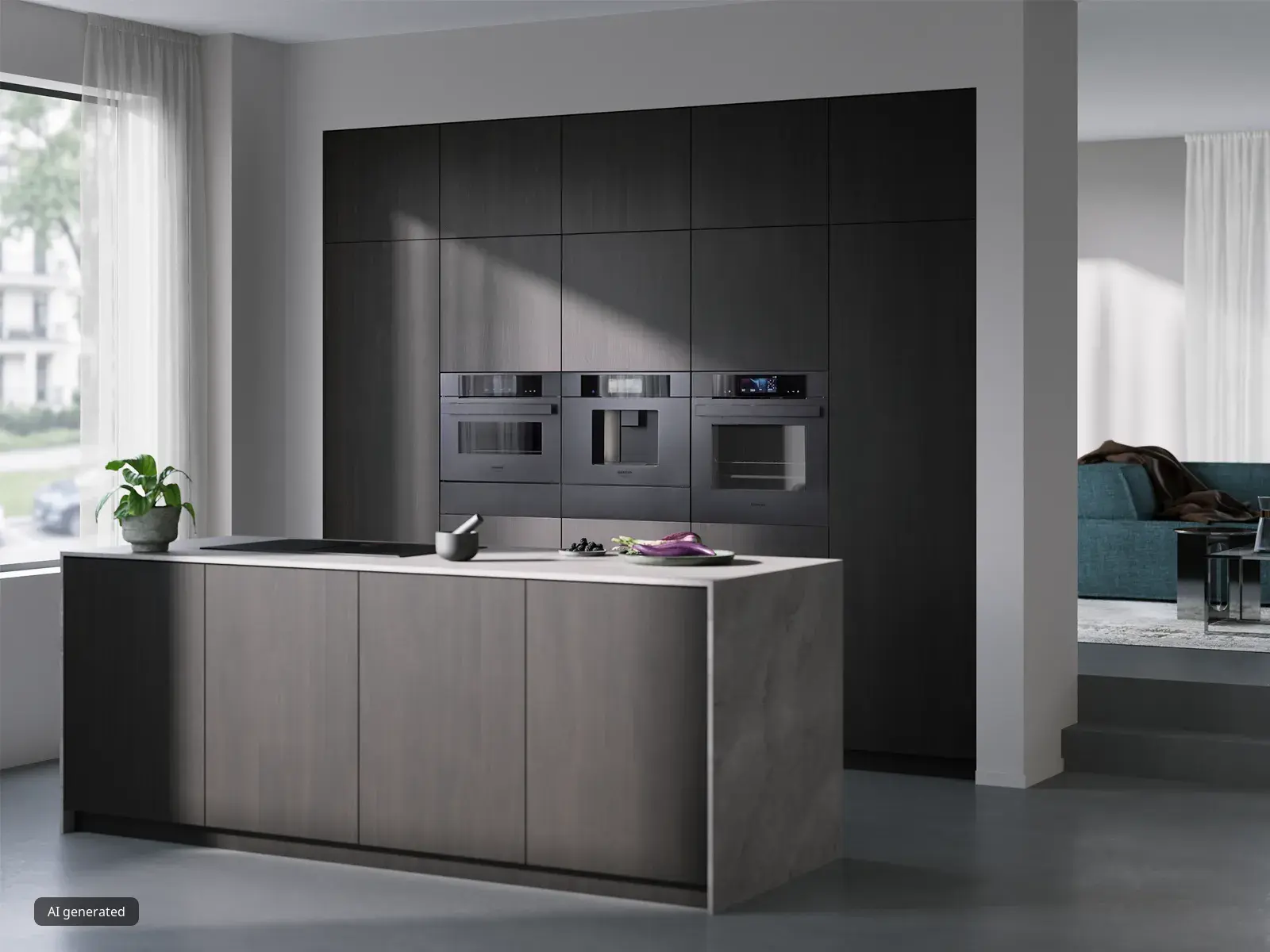 Eine elegante Küche zeigt modernes Design mit einem Kochfeld und matten Einbaugeräten wie Backofen, Wärmeschublade und Kaffee-Vollautomat.