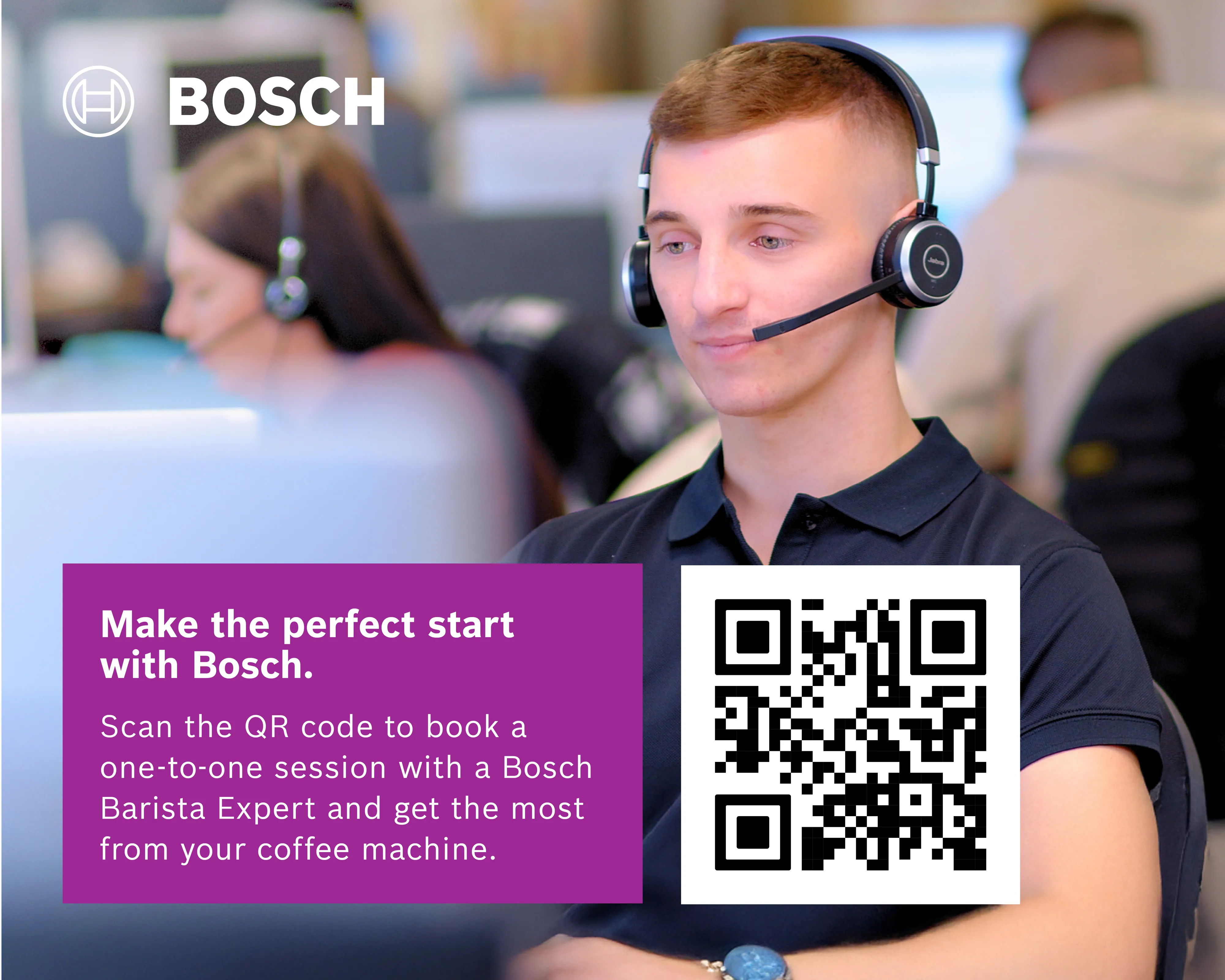 A male Bosch customer service agent with a headset is featured in an office setting, looking at a computer screen. In the foreground, a purple banner contains the text: "Make the perfect start with Bosch. Scan the QR code to book a one-to-one session with a Bosch Barista Expert and get the most from your coffee machine." A QR code is displayed next to this text. The Bosch logo is visible in the top-left corner.