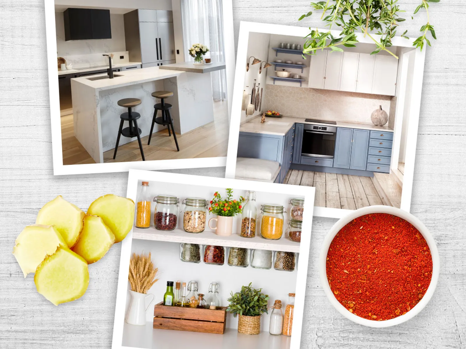 Intérieur moderne de la cuisine, cellier organisé, produits frais, épices et ingrédients de cuisson.