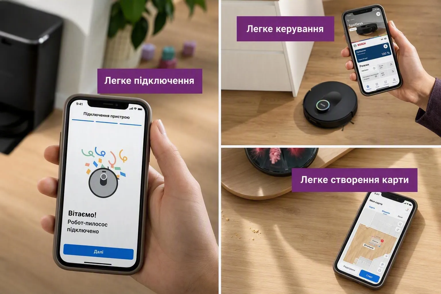 Hand holding iPhone, displaying Spotless connected to the Bosch Home Connect App.