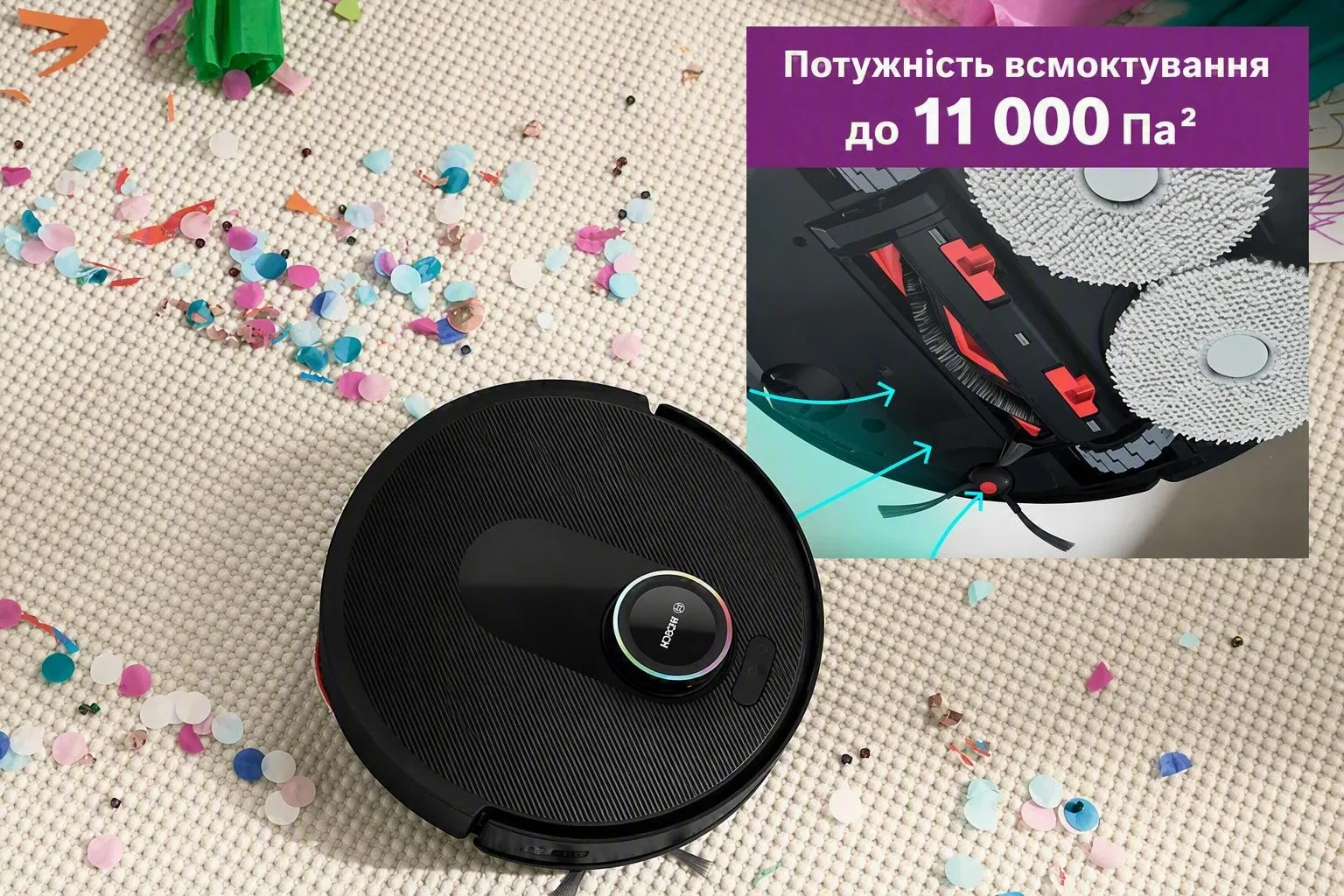 Spotless on a white carpet, clearing a path through confetti, showcasing its suction power.