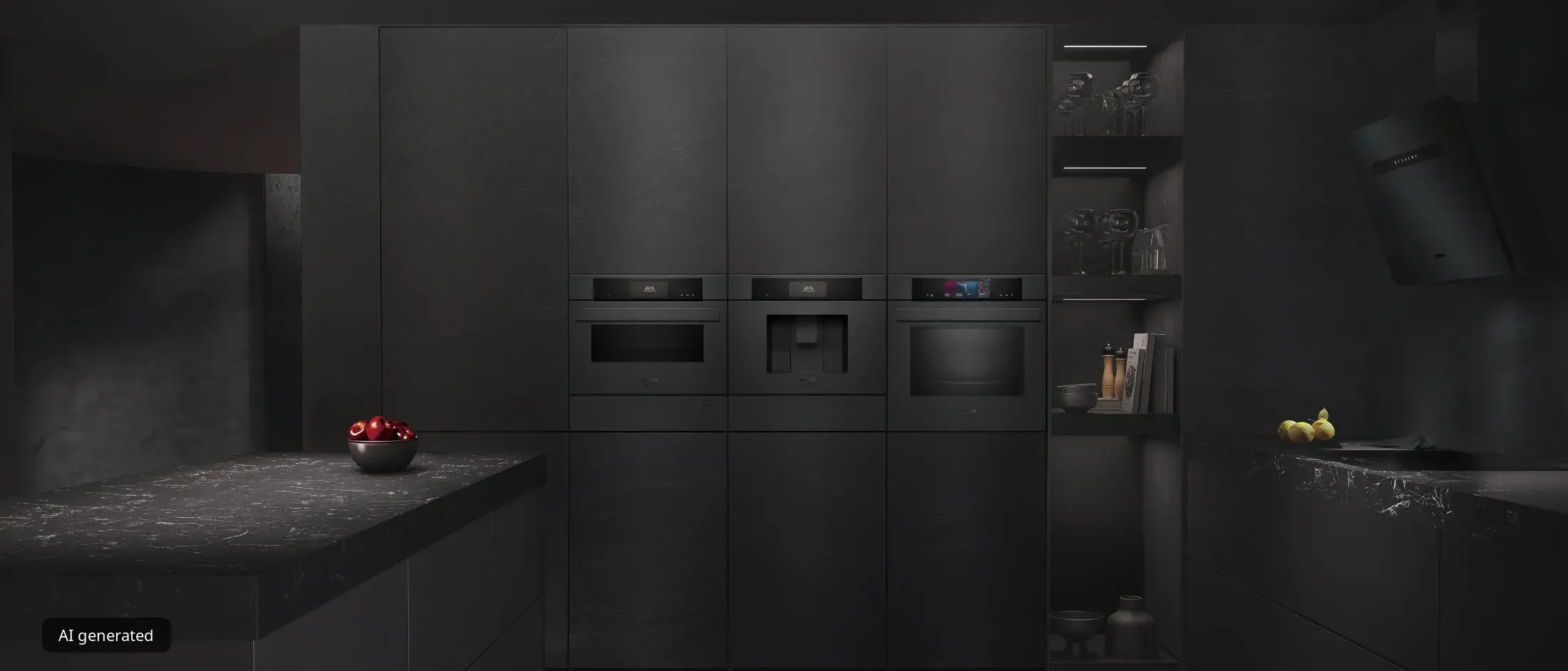 Siemens Matt Edition in einer modernen schwarzen Küche mit Backöfen, Einbau-Kaffeevollautomat, Schubladen, Induktionskochfeld und Kopffreihaube.