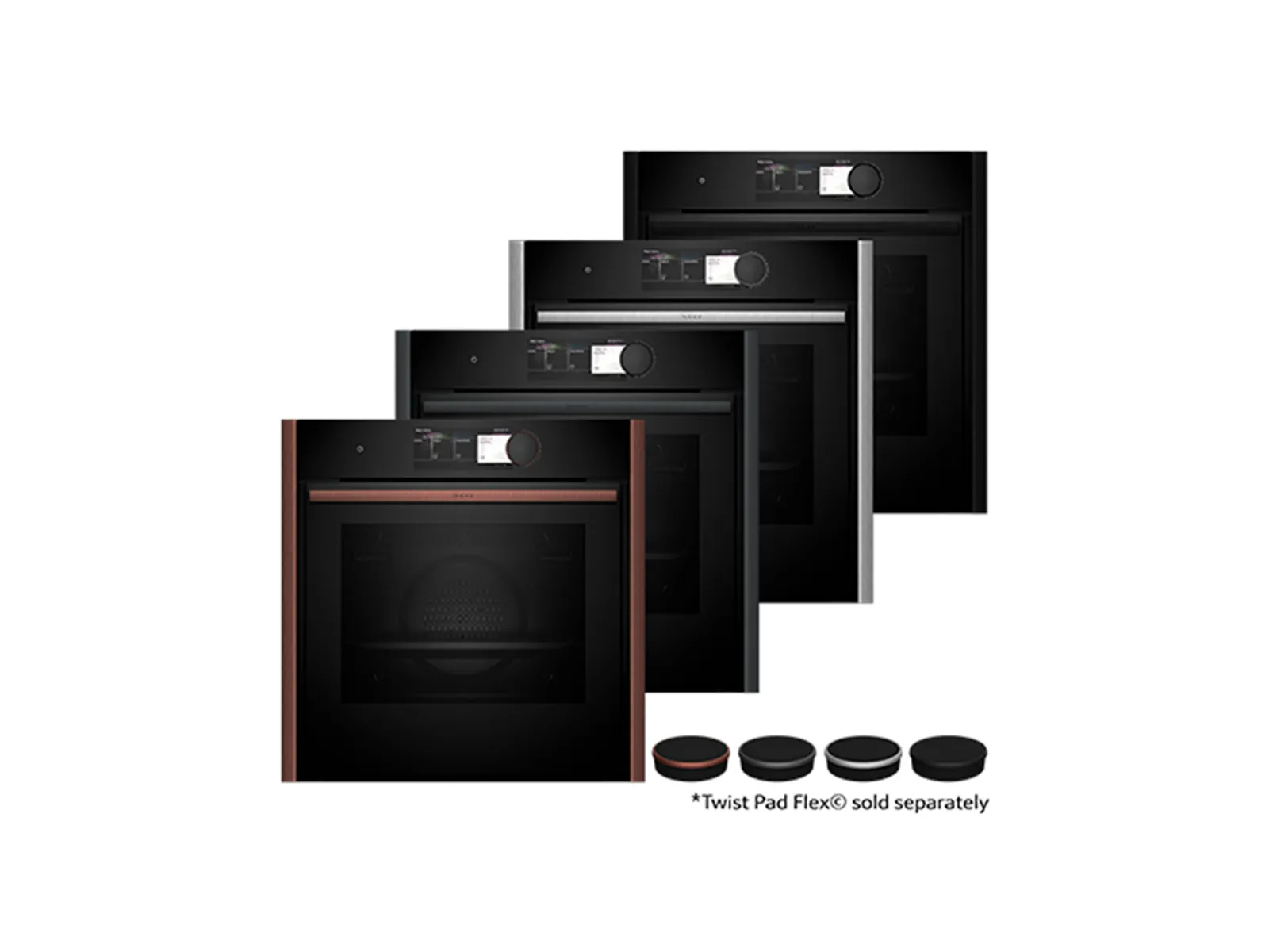 Eine Produktübersicht mit vier NEFF-Einbaubacköfen, die fächerförmig angeordnet sind, um verschiedene Designvarianten zu präsentieren; darunter sind die vier dazugehörigen magnetischen TwistPad Flex®-Bedienelemente abgebildet.
