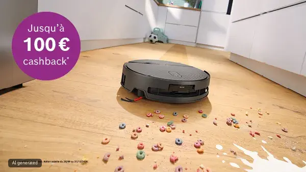 Aspirateur robot sur un sol de cuisine en bois parmi des céréales colorées renversées et du lait ; en arrière-plan un ballon et un jouet. En haut à gauche, un cercle violet portant la mention "Jusqu'à 100€ cashback*".