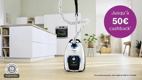 Aspirateur traîneau Bosch blanc avec accents bleus sur un sol en bois dans une cuisine moderne et lumineuse ; en haut à droite un cercle violet indique "Jusqu'à 50€ cashback*" et en bas à gauche un petit macaron "10 year motor guarantee".