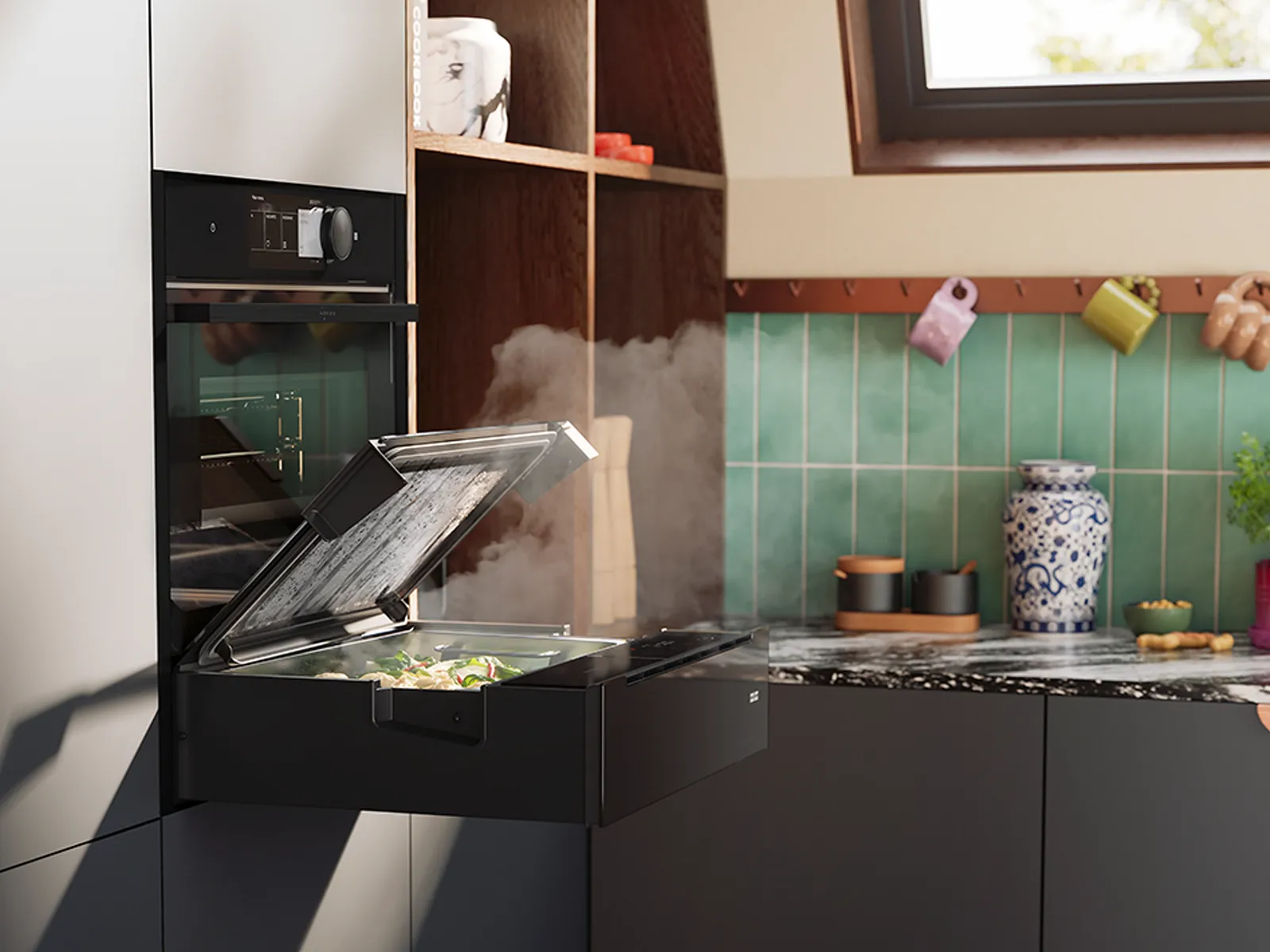 Eine moderne Küche mit dunklen Schränken, einer grünen Rückwand, rosa geometrischen Bodenfliesen, einem geöffneten Backofen, aus dem Dampf entweicht, und Topfpflanzen auf der Arbeitsplatte.