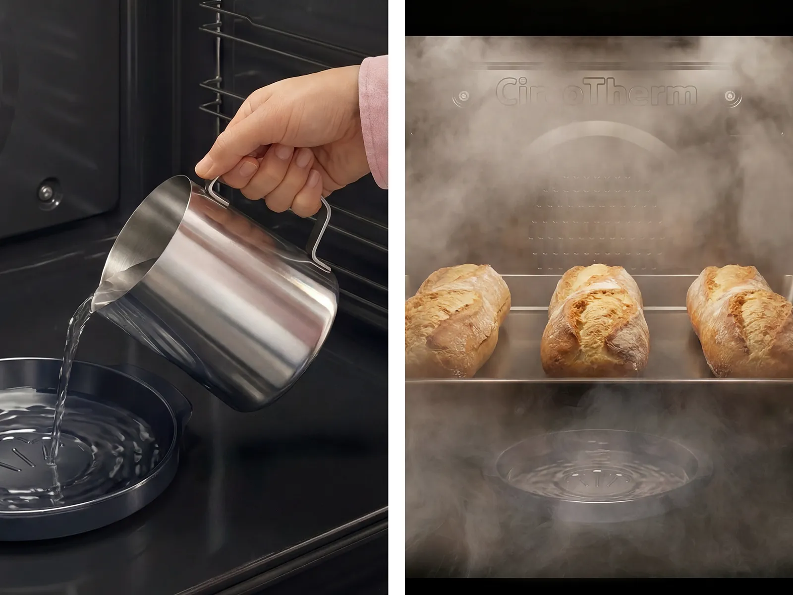 Links: Eine Hand gießt Wasser in die Dampfschale eines Backofens. Rechts: Drei Laibe Brot backen im dampfenden Ofen.