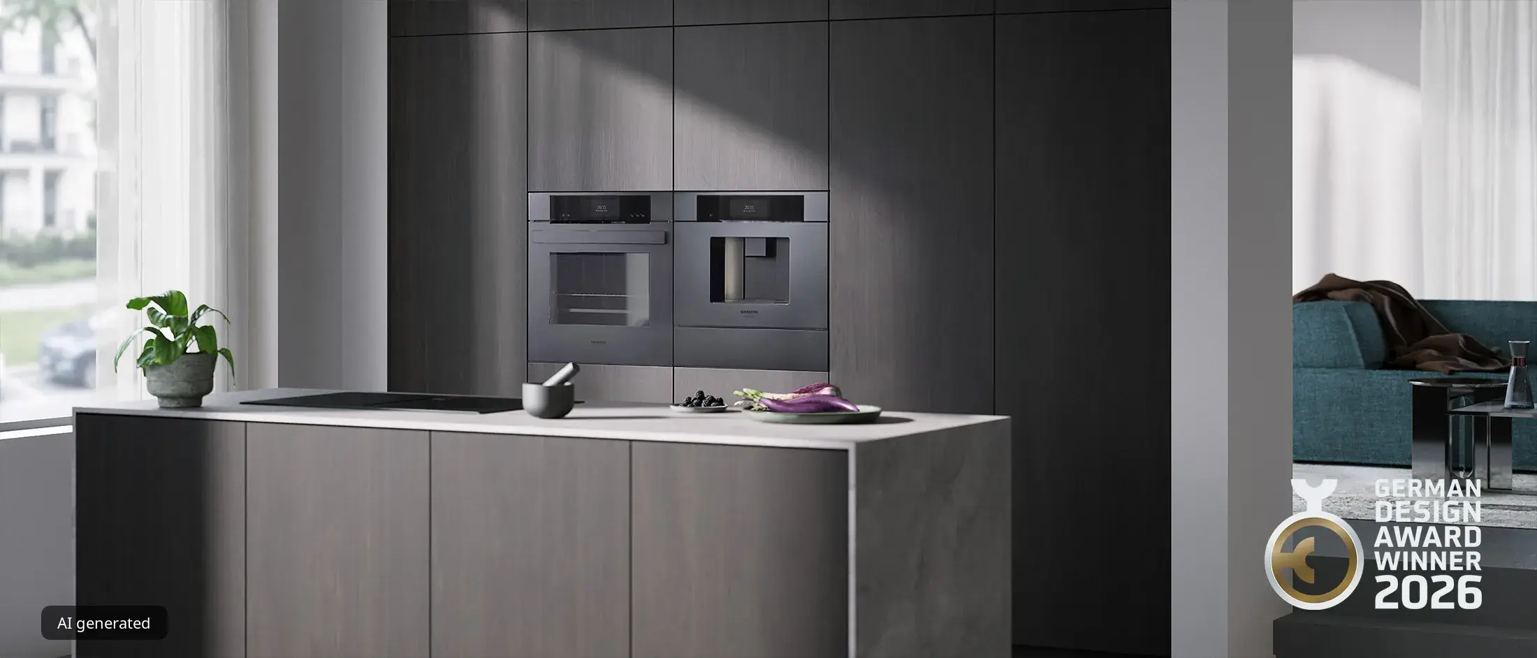 Siemens Matt Edition mit Backofen und Einbau-Kaffeevollautomat in einer modernen Küche, ausgezeichnet mit dem German Design Award 2026.
