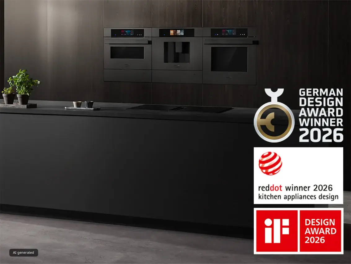 Siemens Matt Edition mit Backöfen und Einbau-Kaffeevollautomat in Mattschwarz sowie German Design Award, Red Dot und iF Design Award 2026.