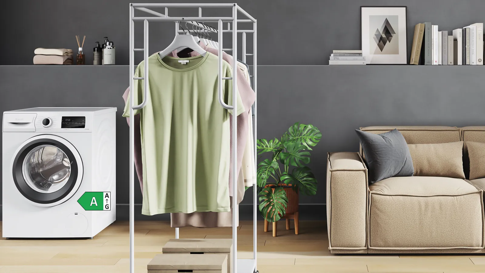 Constructa Waschmaschine mit Dampfglätten, daneben ein Kleiderständer mit knitterfreien Shirts