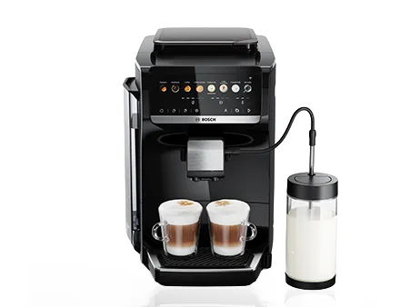 Bosch coffee machine brewing two layered lattes with a milk frother attached on the right side.