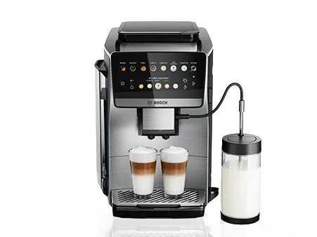 Bosch espresso machine with touchscreen, preparing two layered lattes, connected to an external milk container.