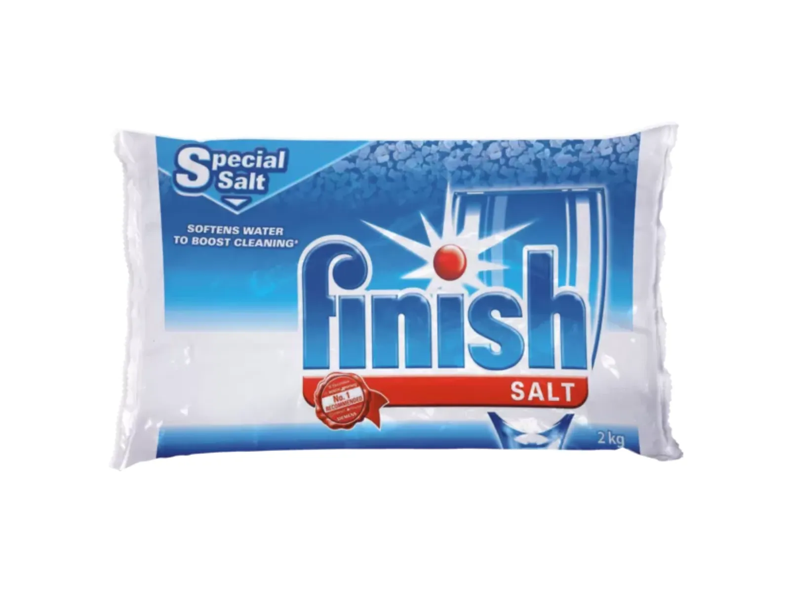 Package of Finish Special Salt, 2 kg, used to soften water for improved dishwasher cleaning performance.