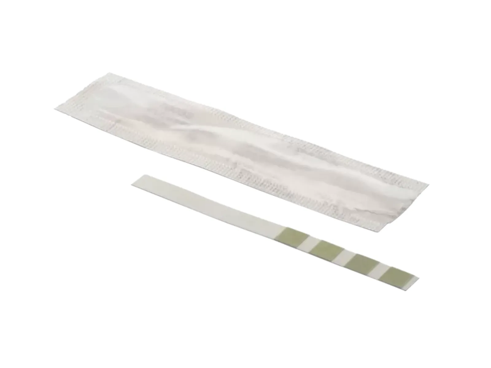 Urine test strip with color-coded reagent pads beside its partially opened foil packaging.