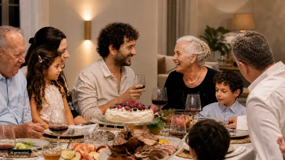 משפחה יושבת לארוחת חג