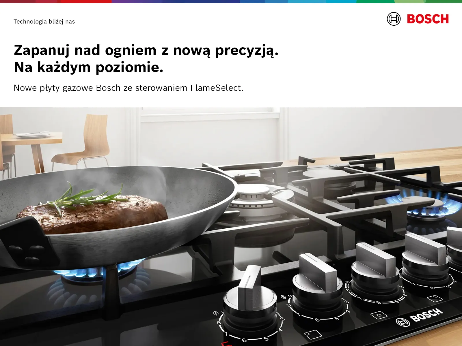 Piec gazowy Bosch z technologią FlamSelect, z precyzyjną kontrolą płomienia do gotowania.