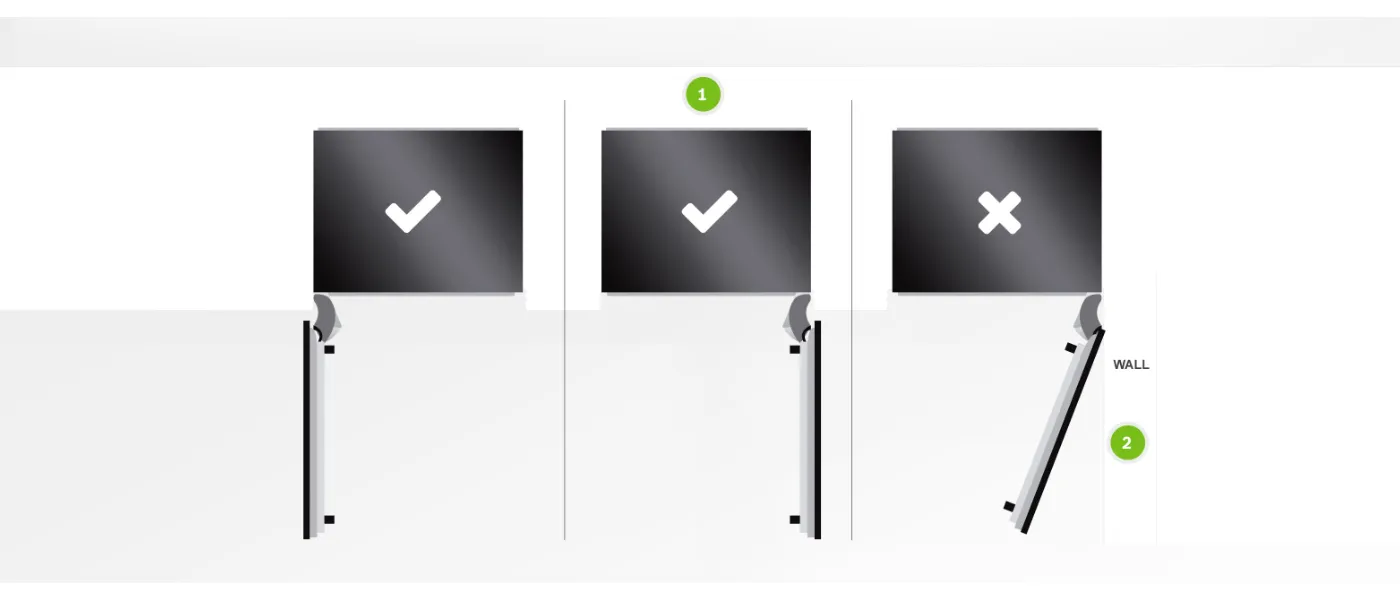 Three black signs with white checkmarks and X symbols, mounted on adjustable stands.
